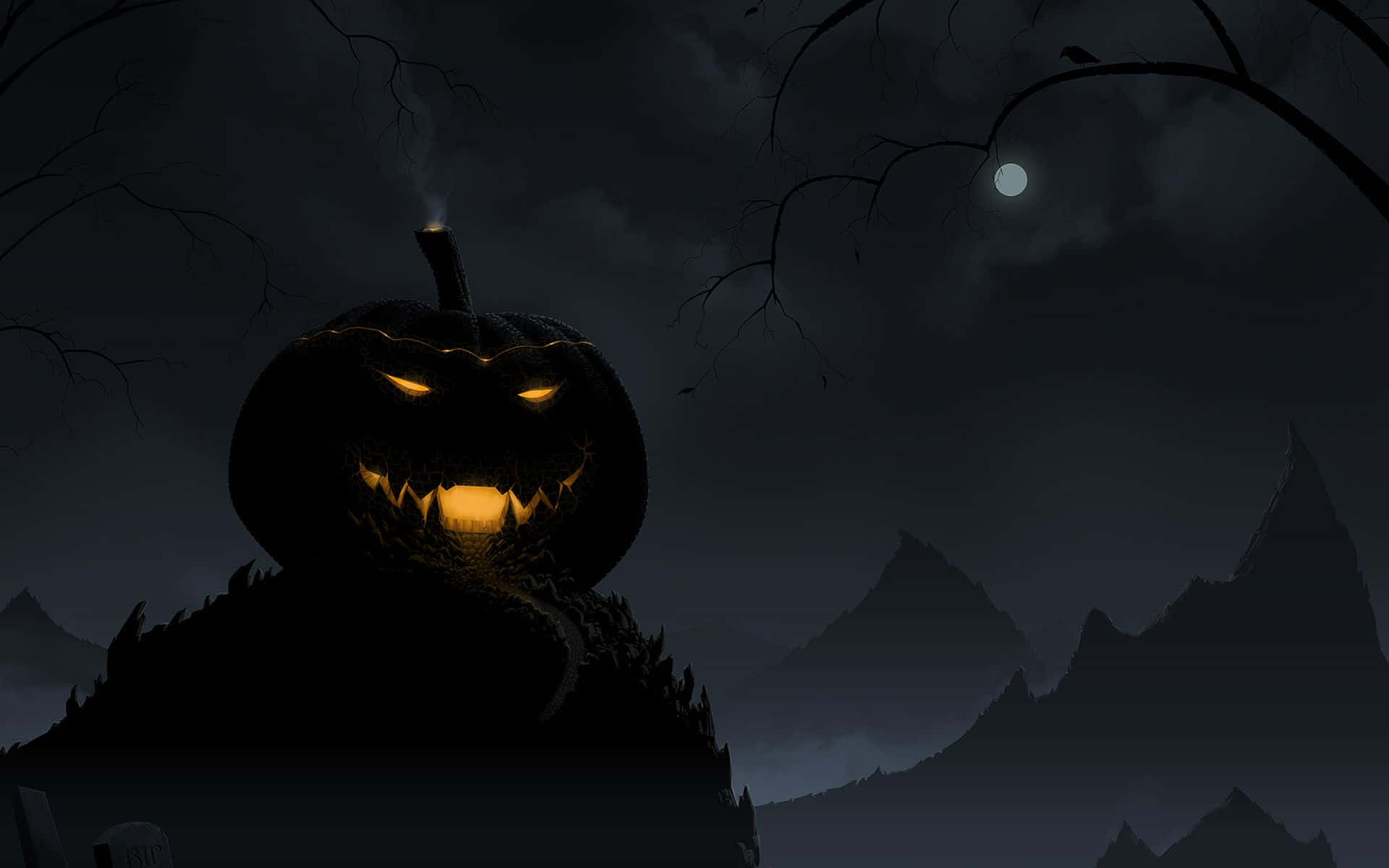 A scary Halloween desktop scene, with a pumpkin and a glowing green witch's hat. Wallpaper