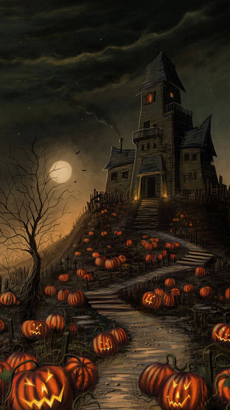 Calabazasde Halloween Y Un Castillo En La Noche Fondo de pantalla