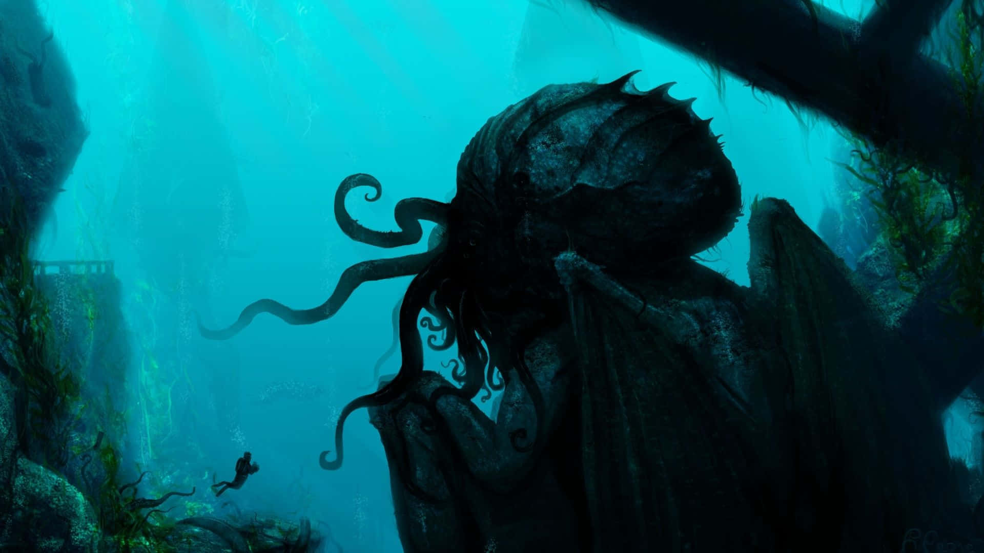 Scuba Diver With Scary Ocean Kraken Picture 1920 x 1080 Picture