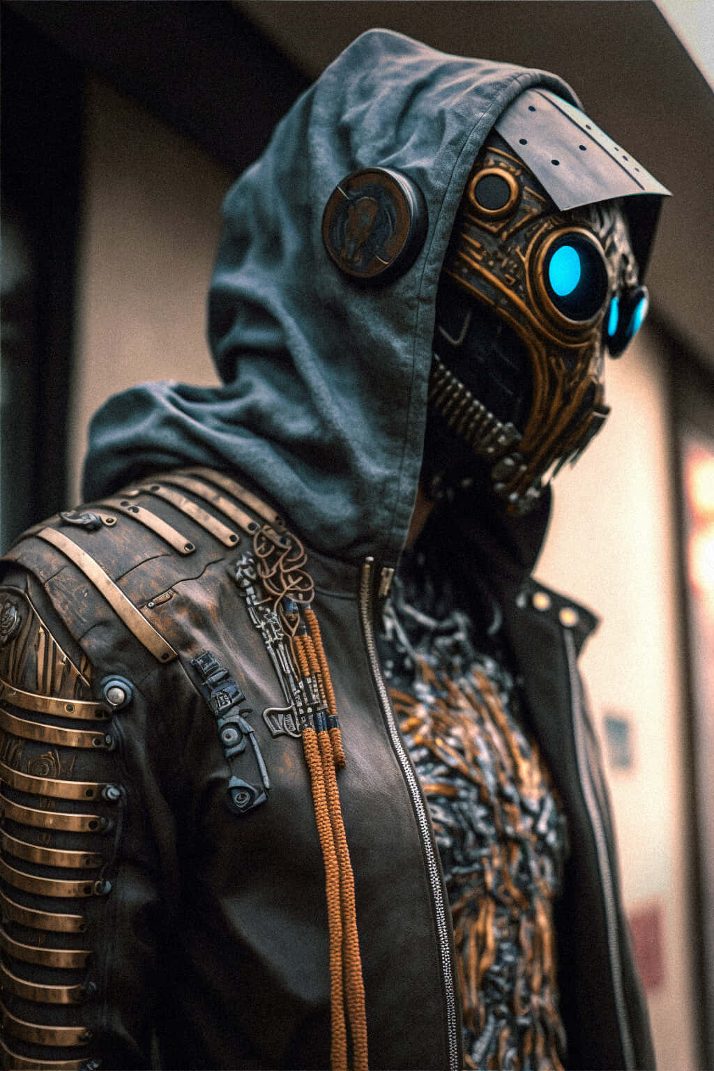a man in a steampunk outfit with blue eyes