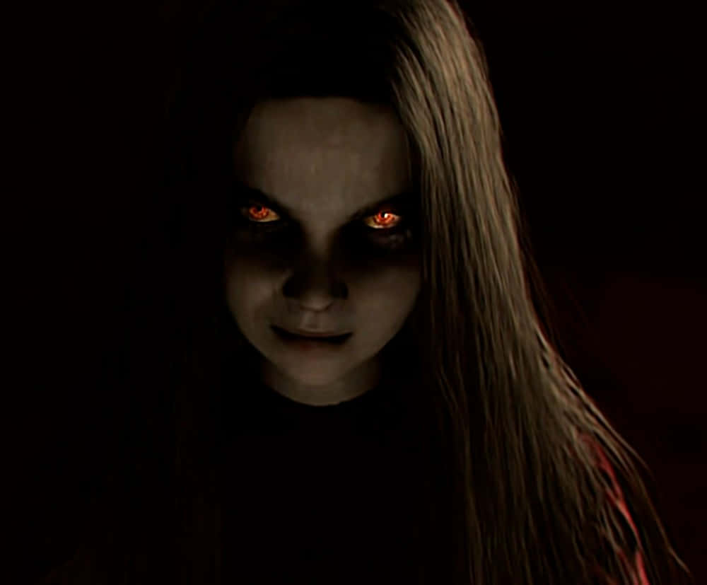 a girl with long hair and red eyes