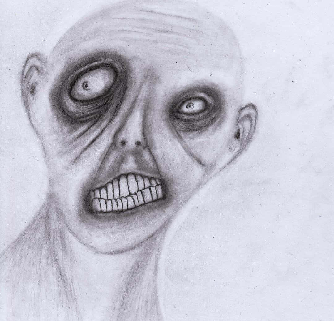 En tegning af en zombie med en stor mund, der viser sine tænder.