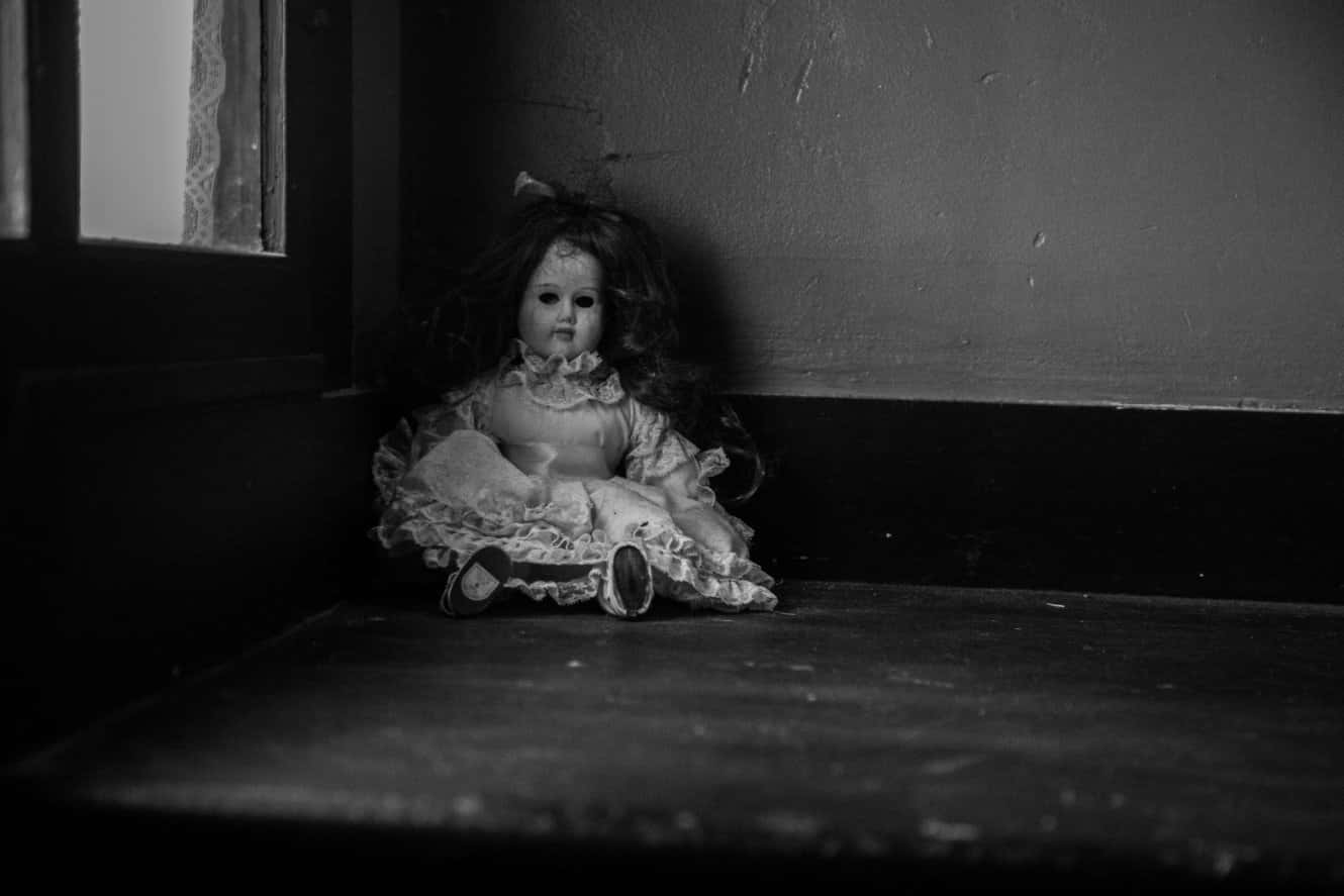 a doll sits on a window sill