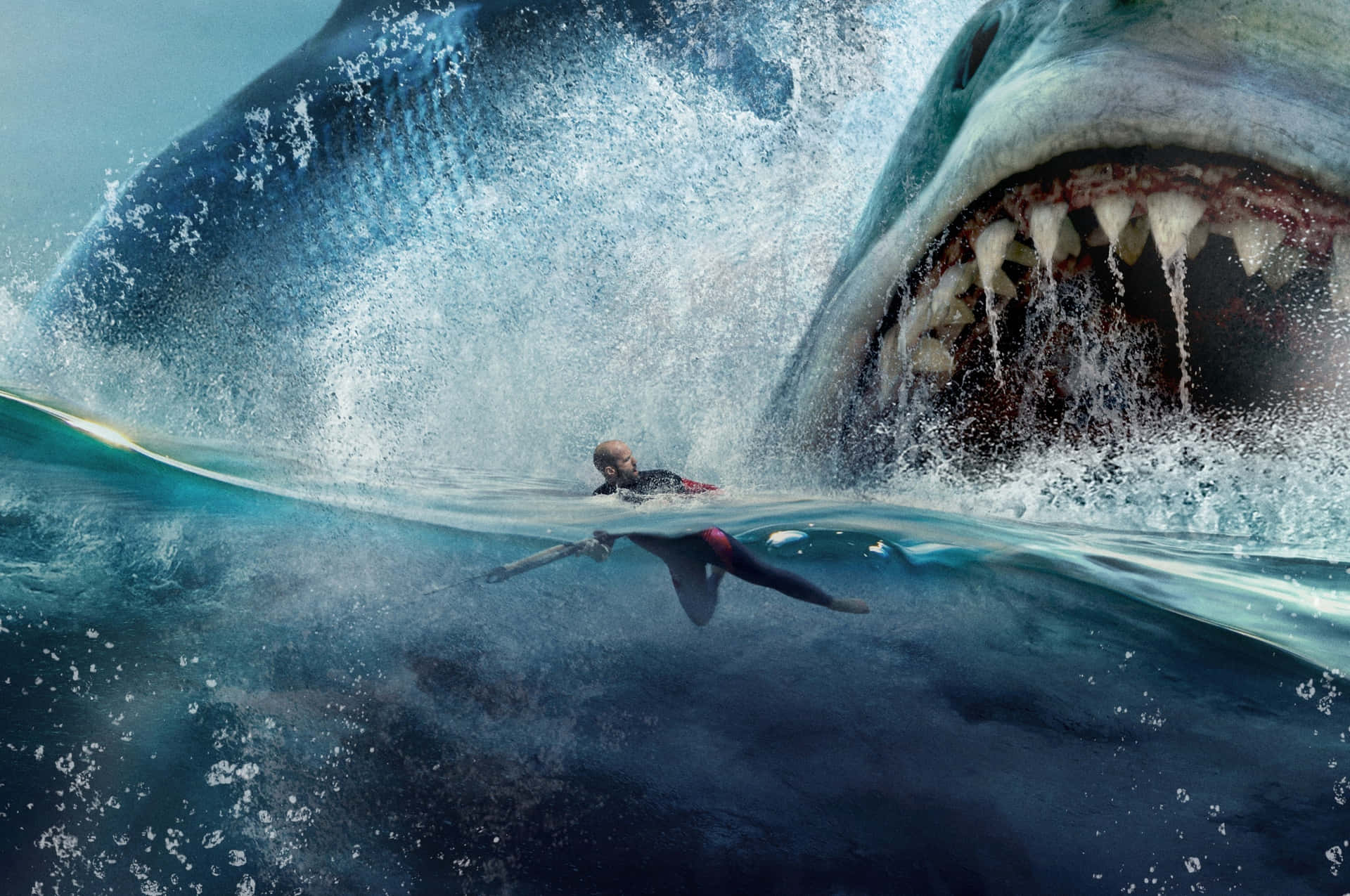 En frygtindgydende og skræmmende haj der stiger op fra dybderne af oceanet. Wallpaper