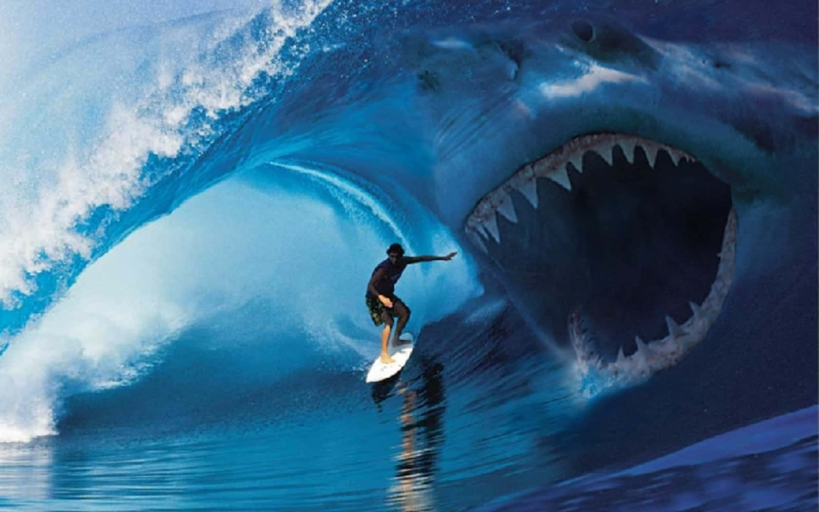 A terrifying shark swoops in the dark waters of the ocean. Wallpaper