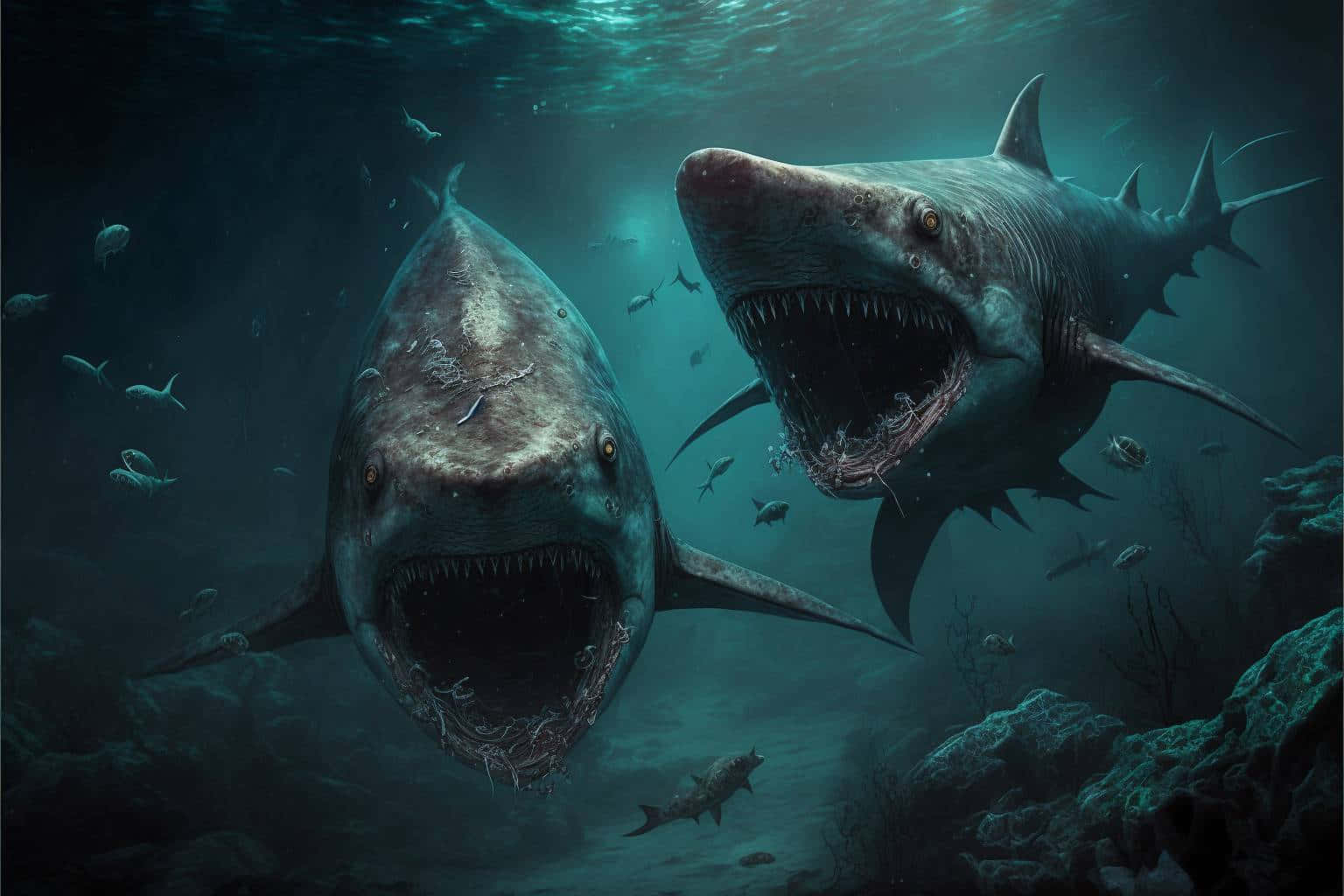 Two Sharks With Their Mouths Open In The Ocean Wallpaper