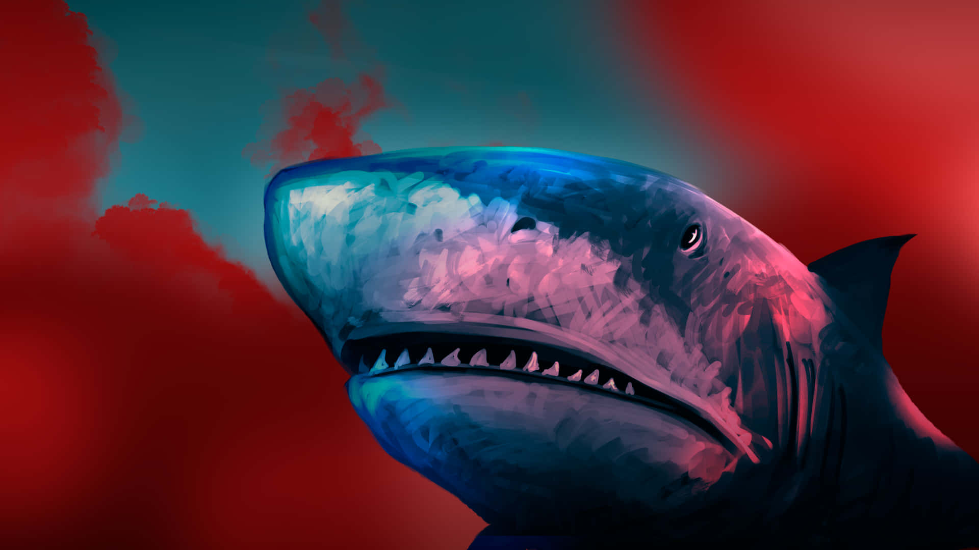 En haj med en rød baggrund og en blå mund Wallpaper