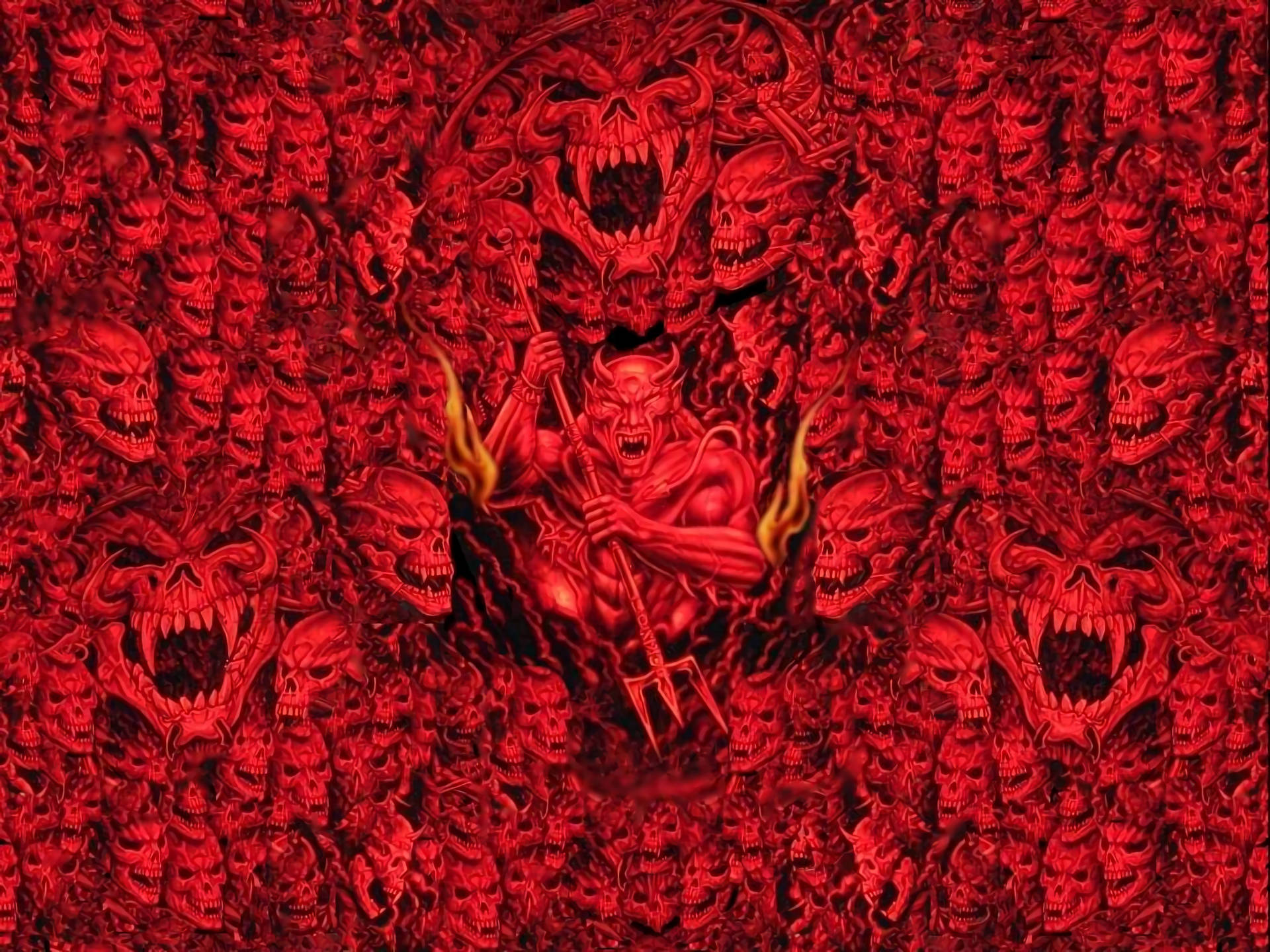 Skræmmende kranier i rødt og en dæmon i midten Wallpaper