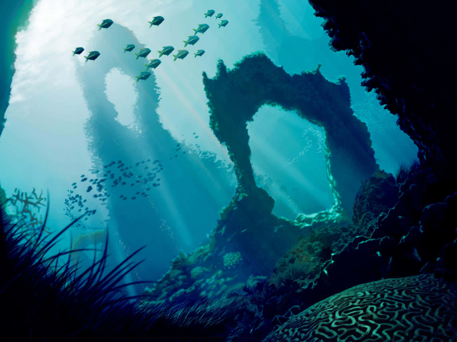 Spooky Underwater Scene with Jagged Rocks