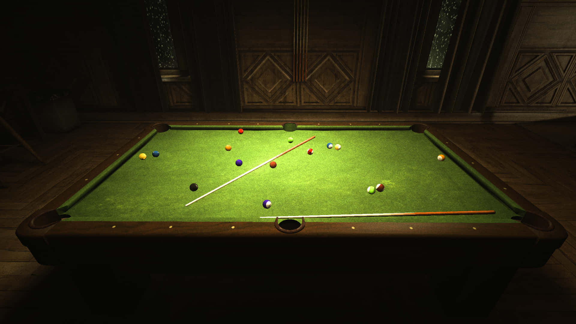 Scattered Balls And Cues Pool Table Wallpaper