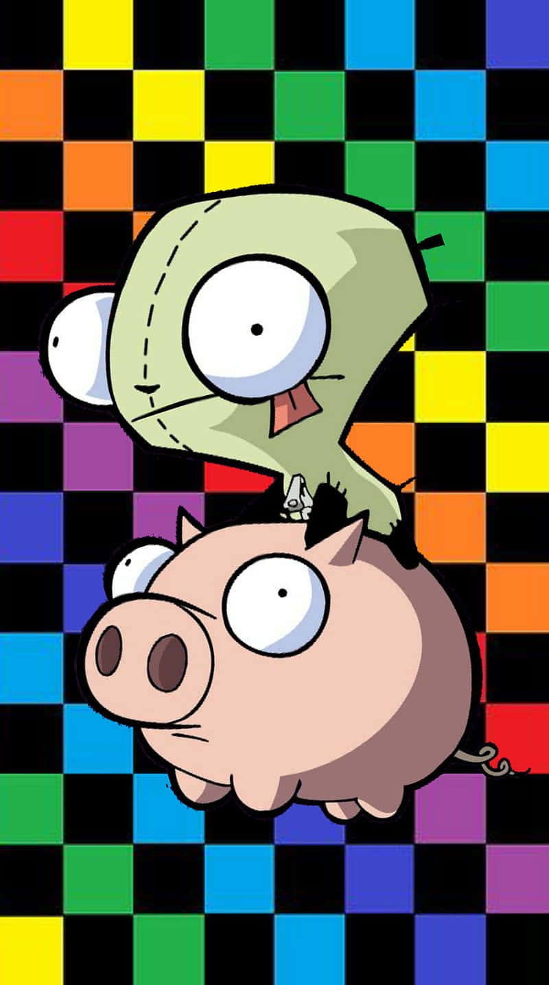 A Cartoon Character And A Pig On A Colorful Checkered Background Wallpaper