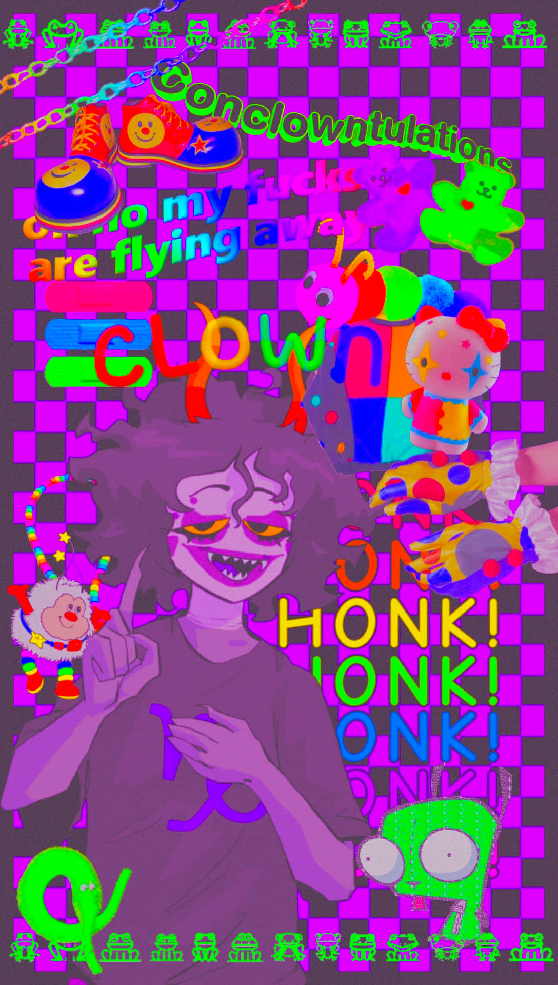 Et plakat med en tegneseriefigur og et regnbue-baggrund. Wallpaper