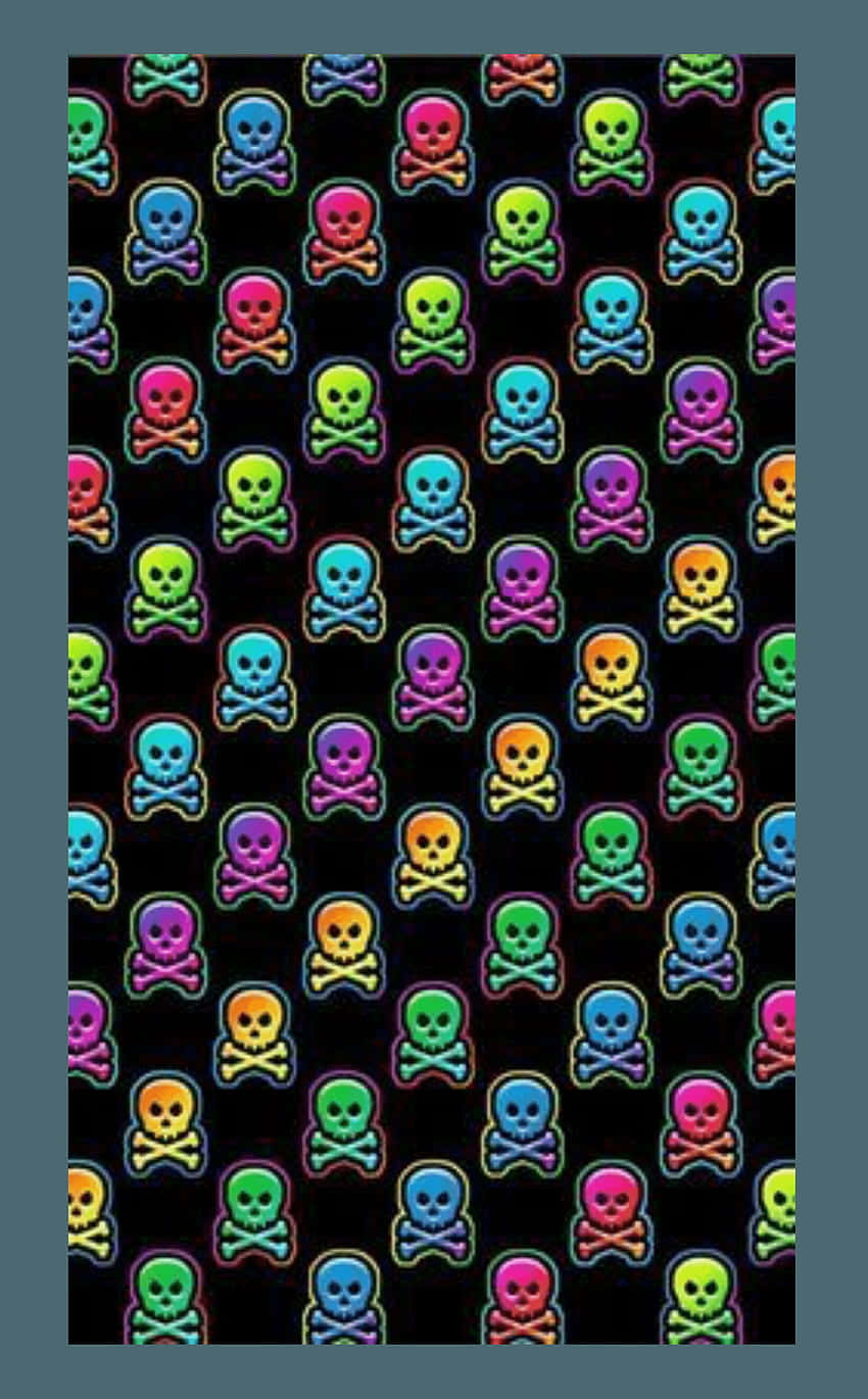 Neon Skulls On Black Background Wallpaper