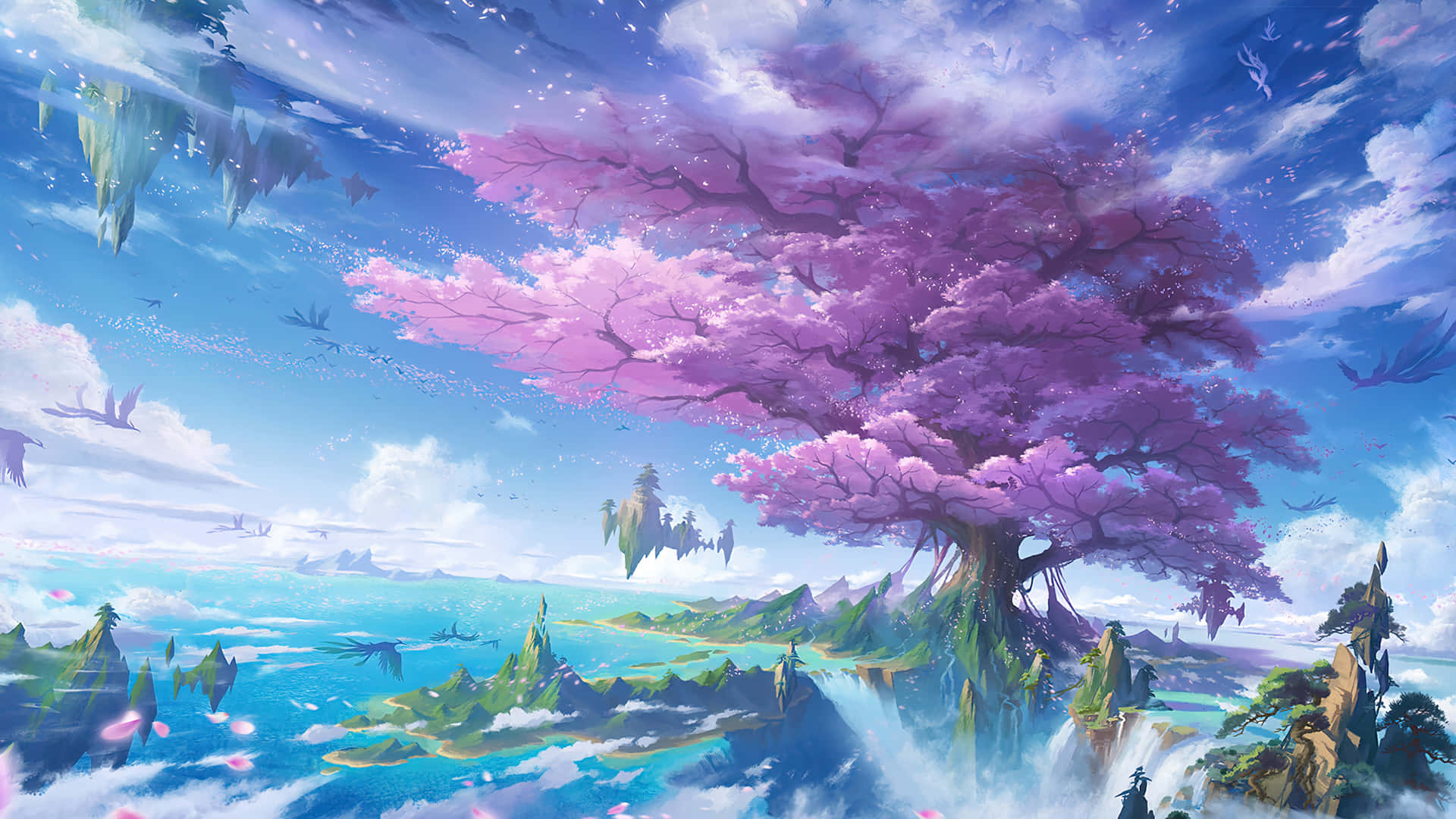 A Pink Tree On An Island With Clouds And Water