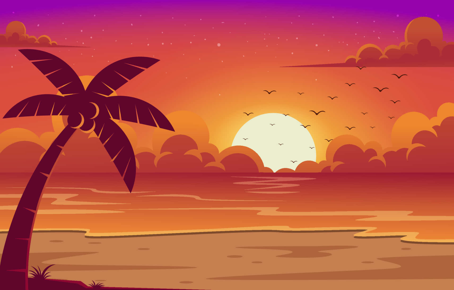 Cartoon Beach Scene With Palm Trees And Sunset