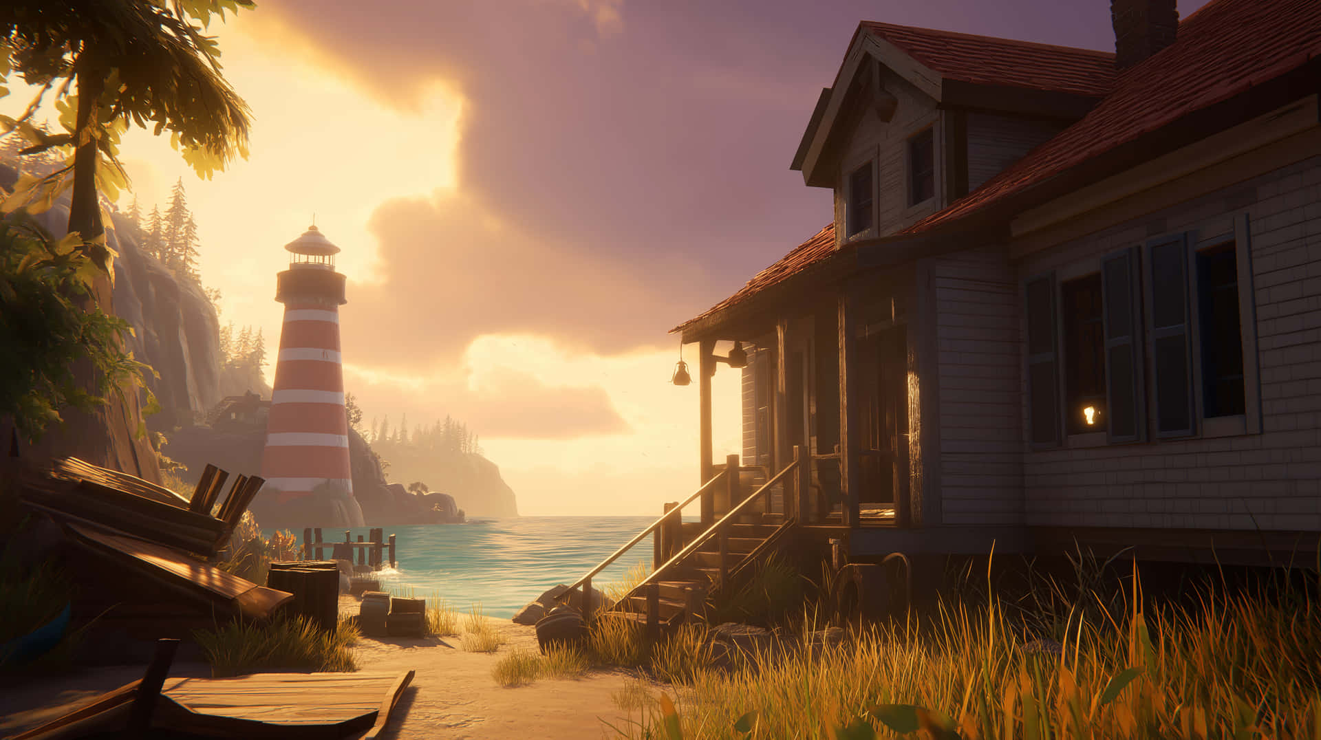 Scenic Coastal Lighthouse And House At Golden Hour Sunset Wallpaper