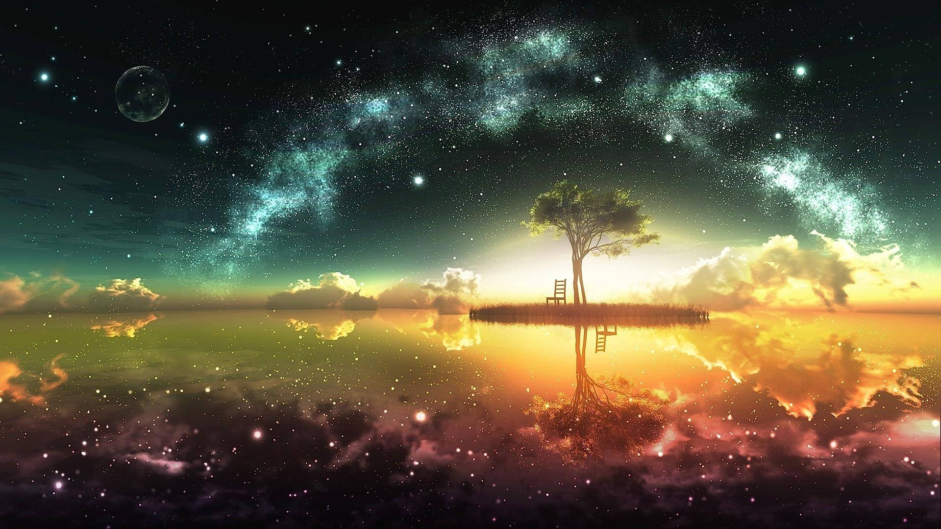 Scenic Tree Anime Night Sky Wallpaper