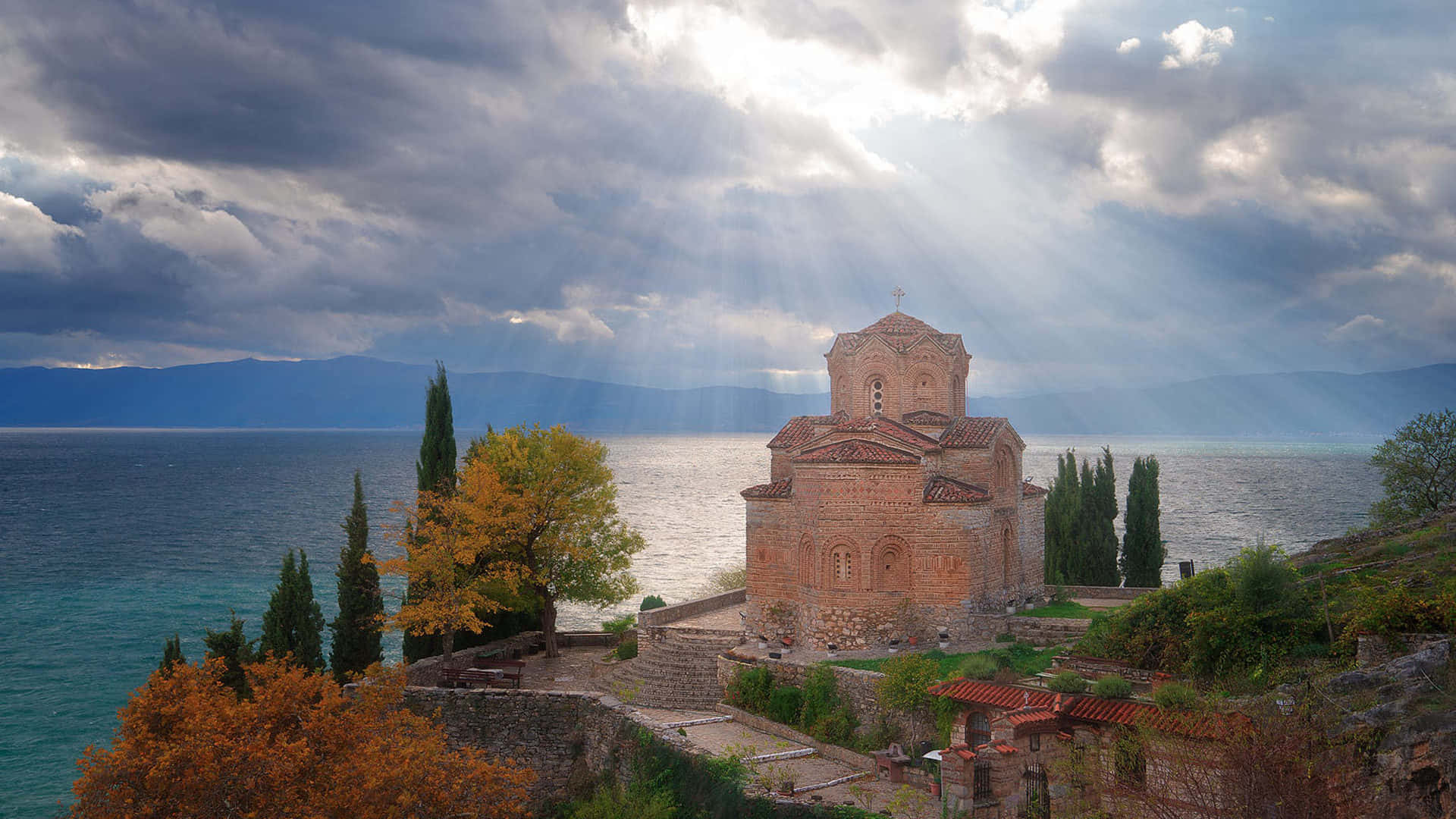 Scenic View Of Lake Ohrid From St. John At Kaneo Church Wallpaper