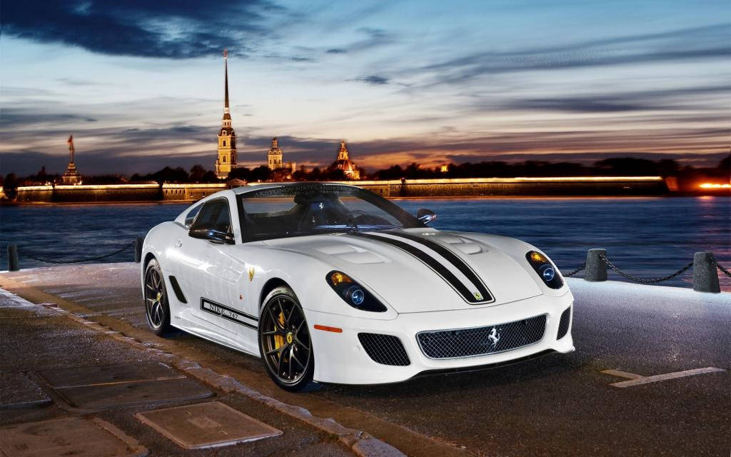 Majestic White Ferrari Facing the Horizon Wallpaper