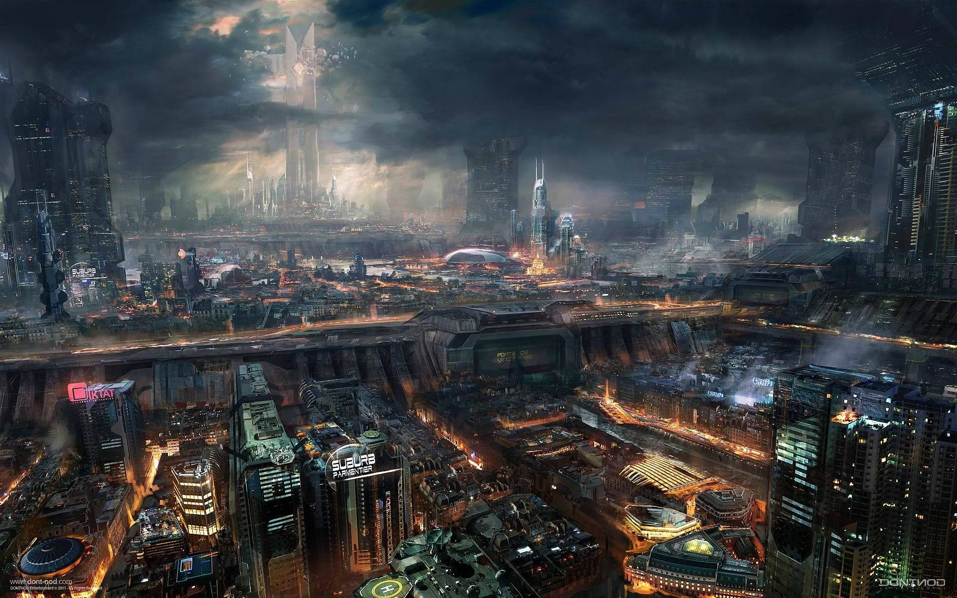 Schematic View of the Dystopian Landscape in Cyberpunk Wallpaper