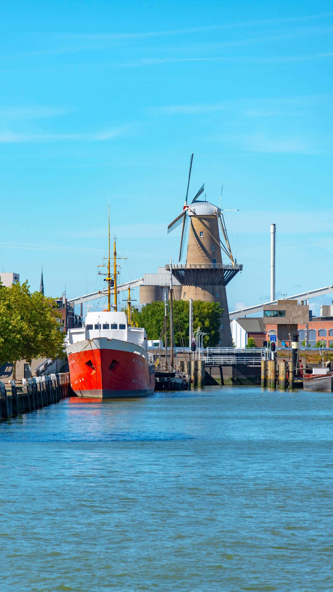 Schiedam Waterfrontwith Windmilland Ship Wallpaper