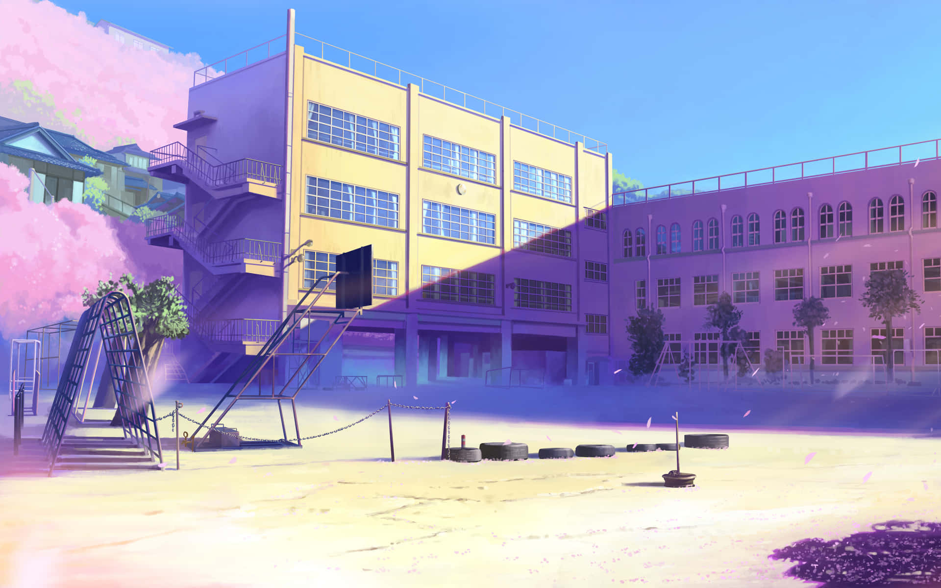 Animated Building With Cherry Blossom School Background