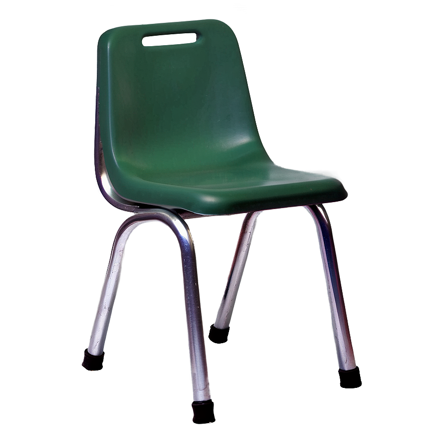 School Chair for Students PNG 06212024 PNG — A single green plastic school chair with chrome legs stands alone against a muted teal wall under soft ambient light.