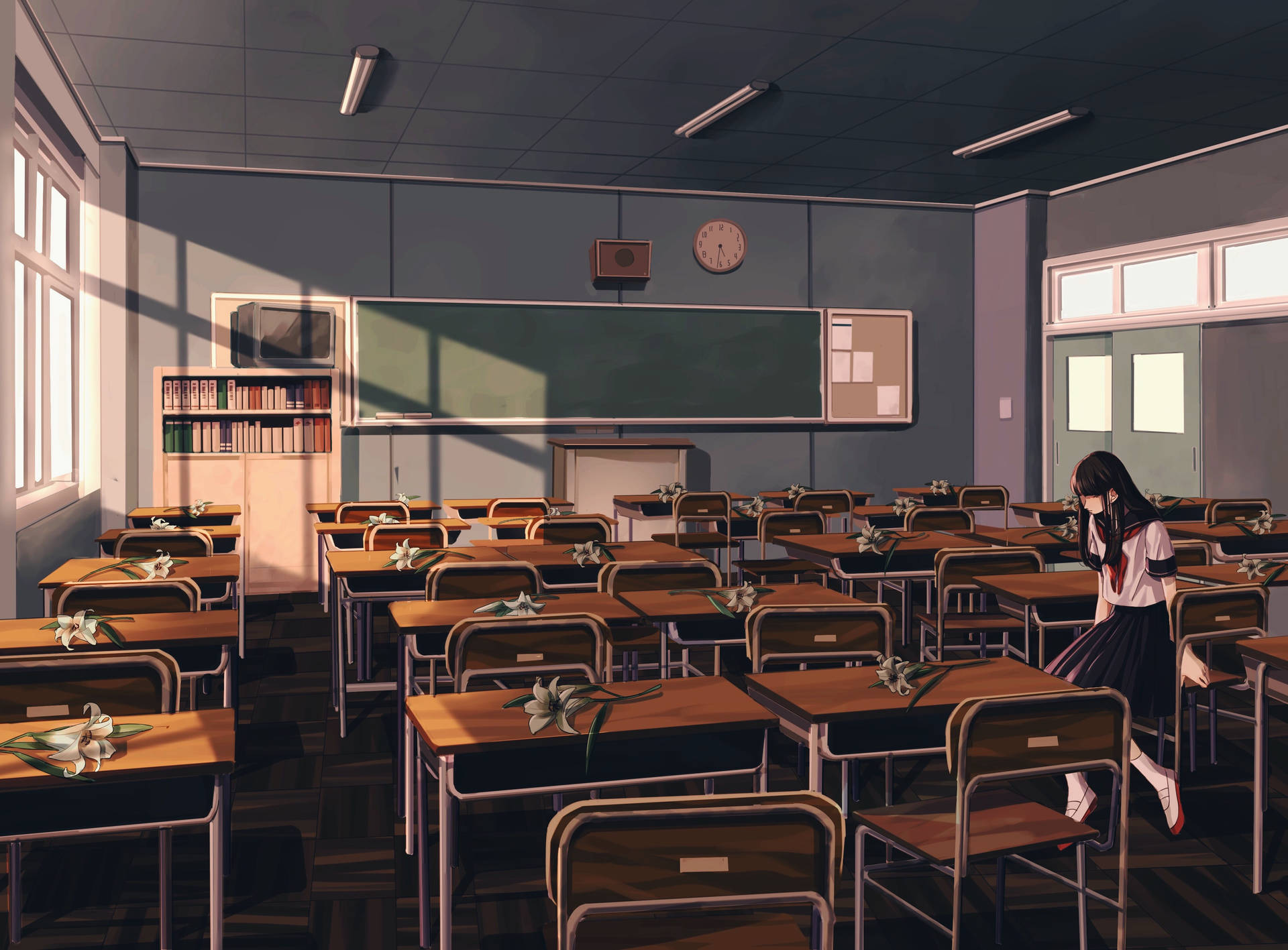Skolepigei Anime-klasseværelse. Wallpaper