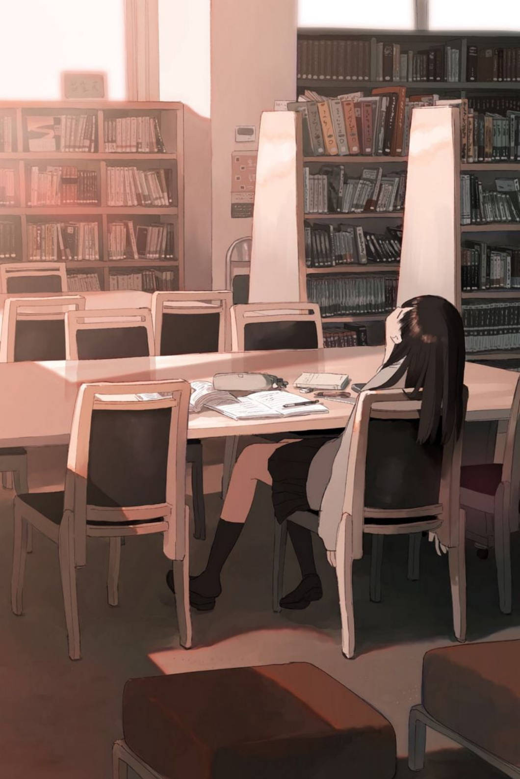 Ragazzastudentessa Che Studia In Biblioteca Con Iphone 4s Sfondo