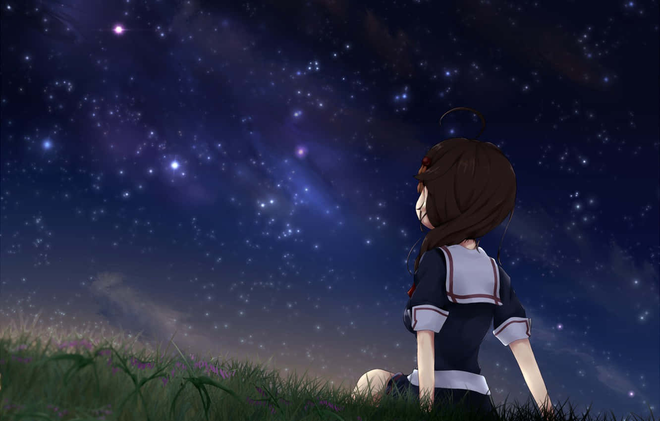 Skolepige ser op på anime nat himlen tapet Wallpaper