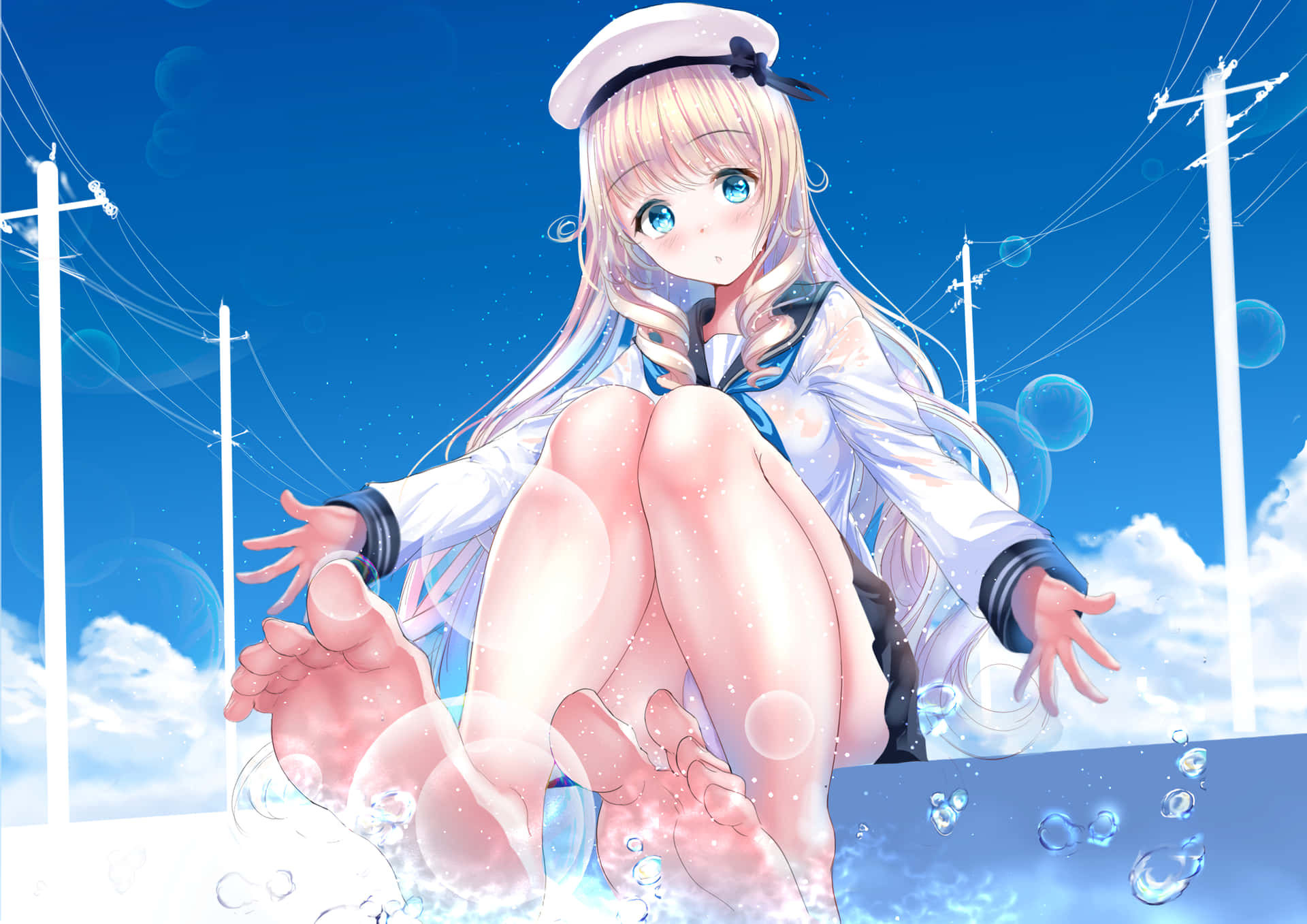 School Uniform Anime Girl Feet On Bubbles Wallpaper