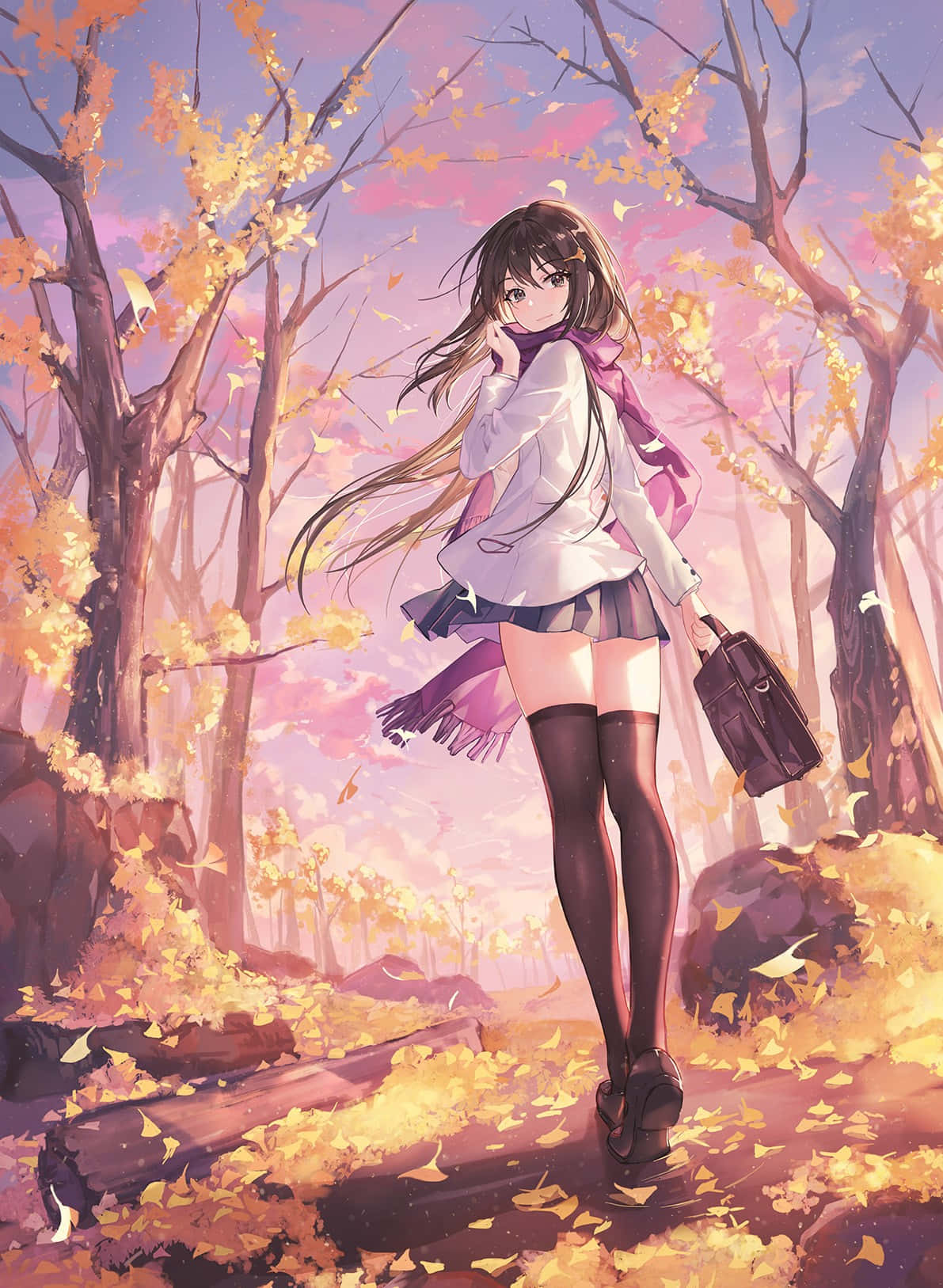 Schoolgirl Glancing Back - Fall Anime Illustration Wallpaper