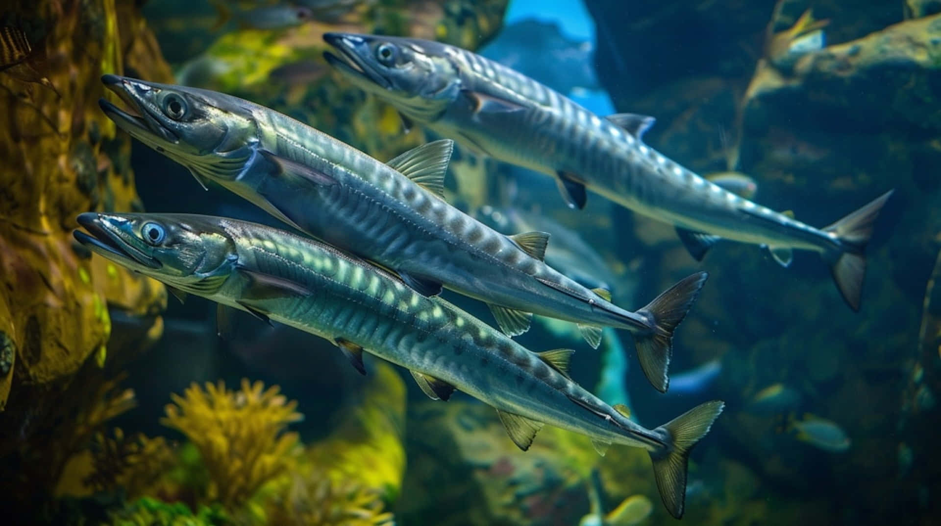 Schoolof Barracudas Swimming Wallpaper