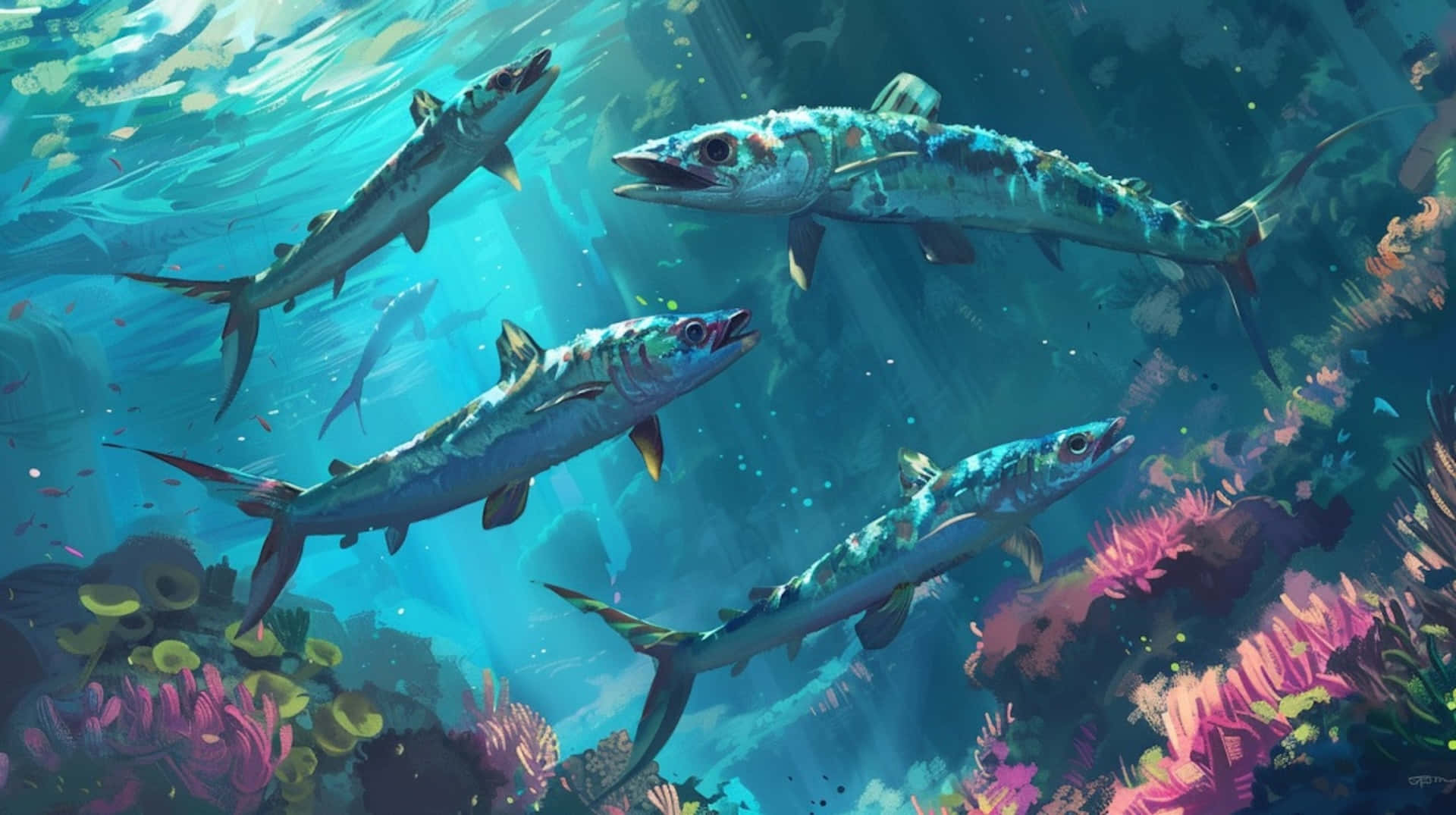 Schoolof Barracudas Swimming Underwater Wallpaper