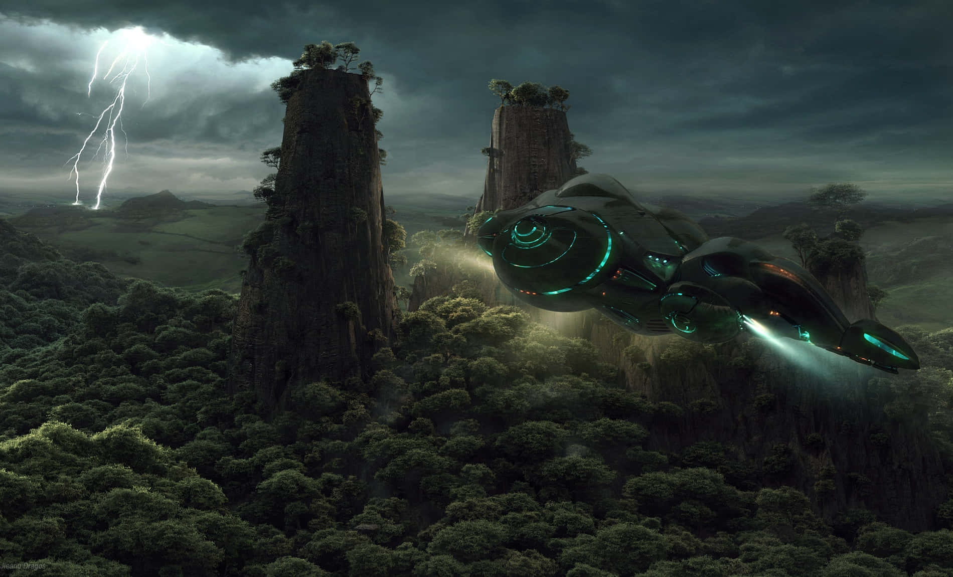 A Green Spaceship Flying Over A Forest