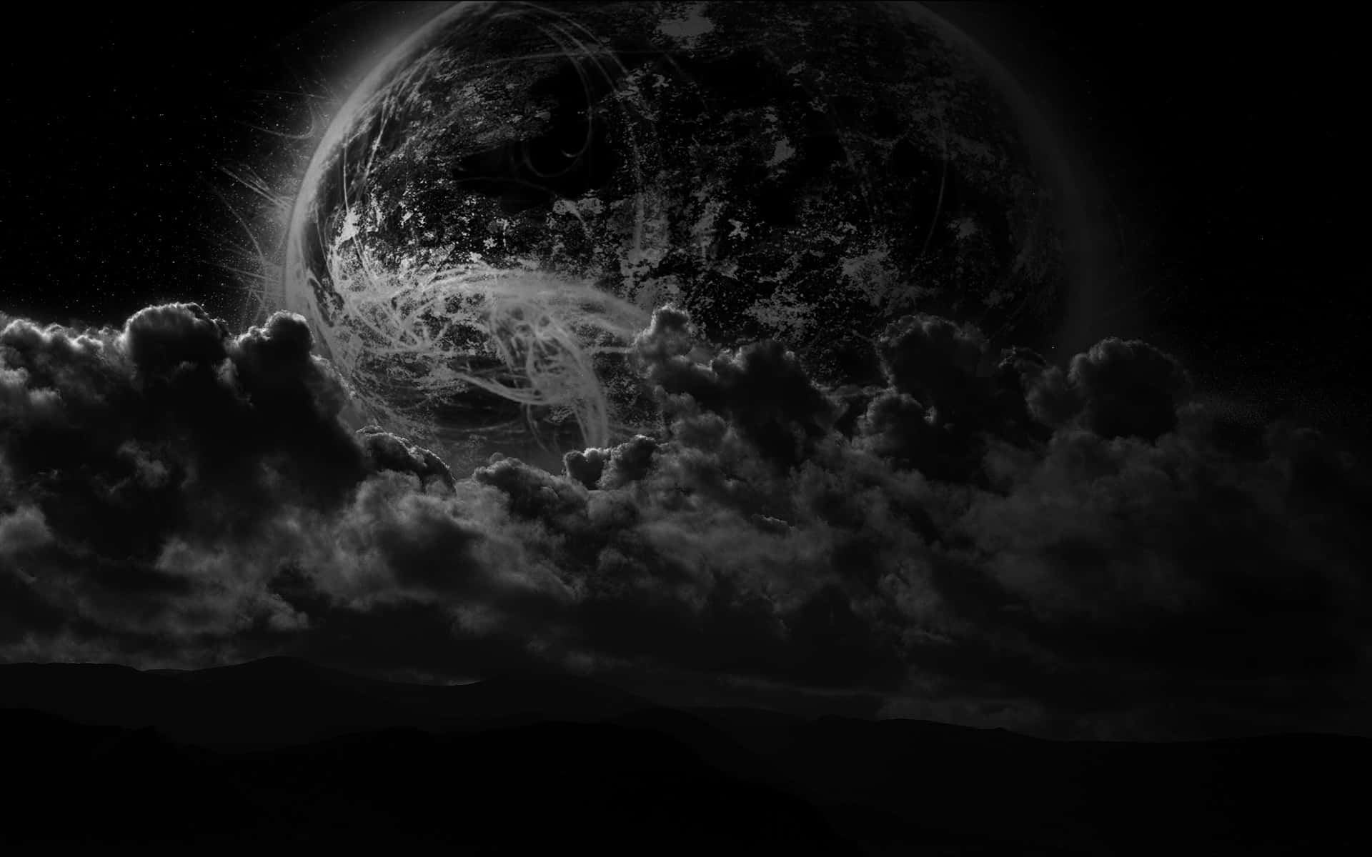 A Black And White Image Of A Planet With Clouds