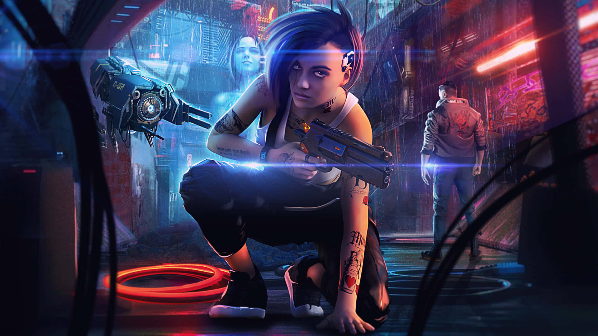 Futuristic Sci-Fi Game Battle Scene in Vibrant Colors Wallpaper
