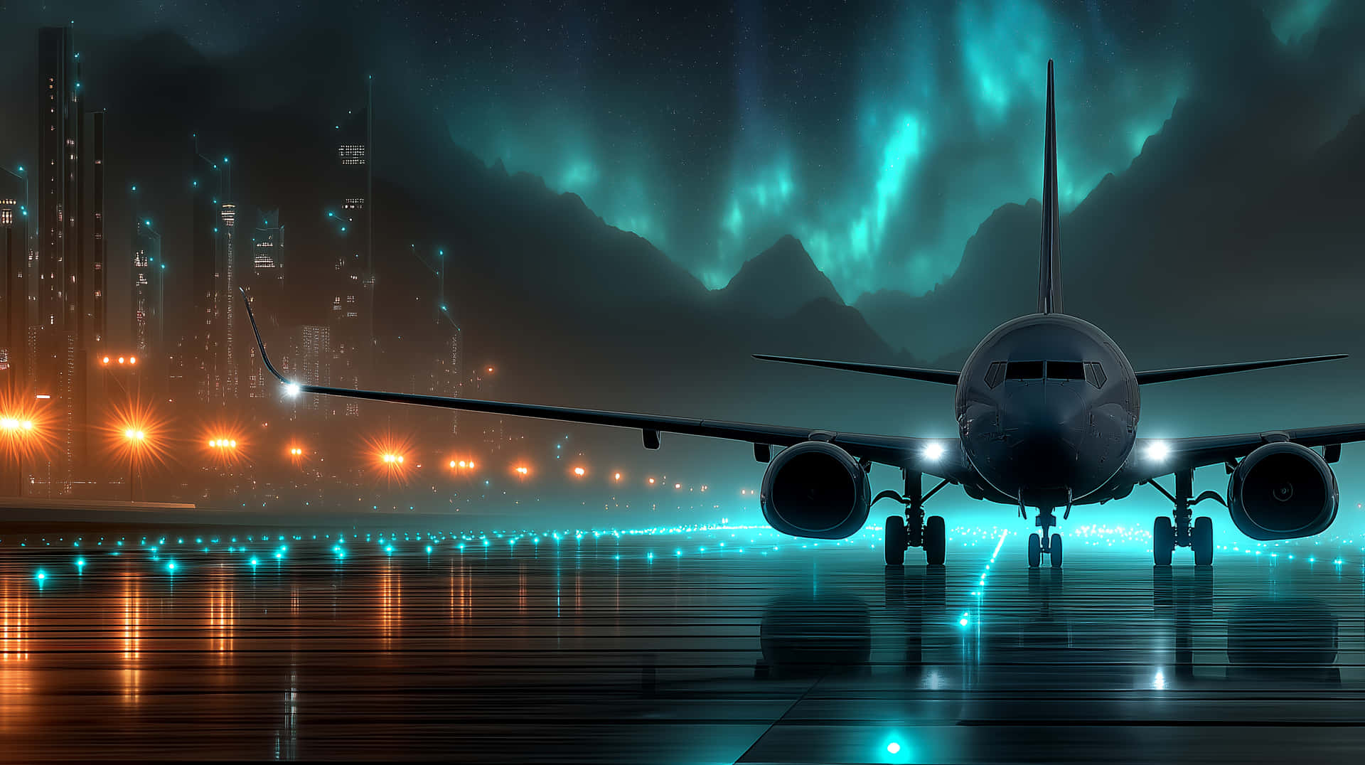 Sci-fi Jet With Aurora And Illuminated Runway At Night Wallpaper