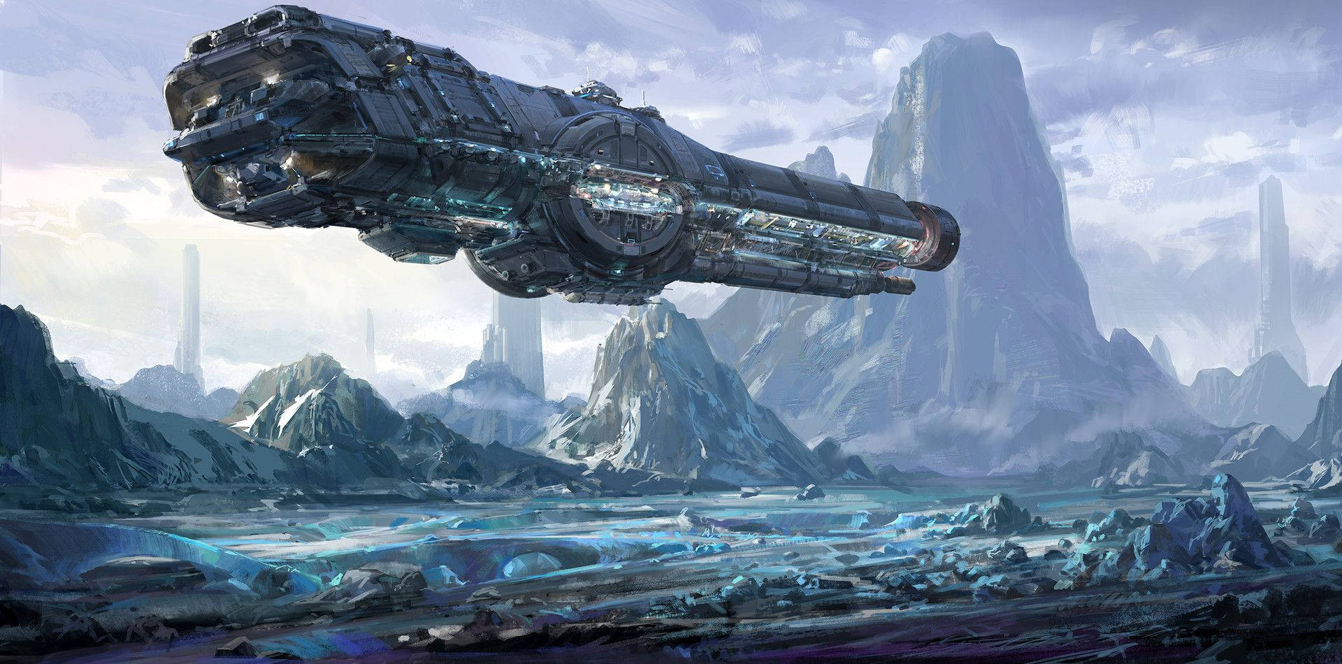 Sci-fi Spaceship In The Mountains Wallpaper