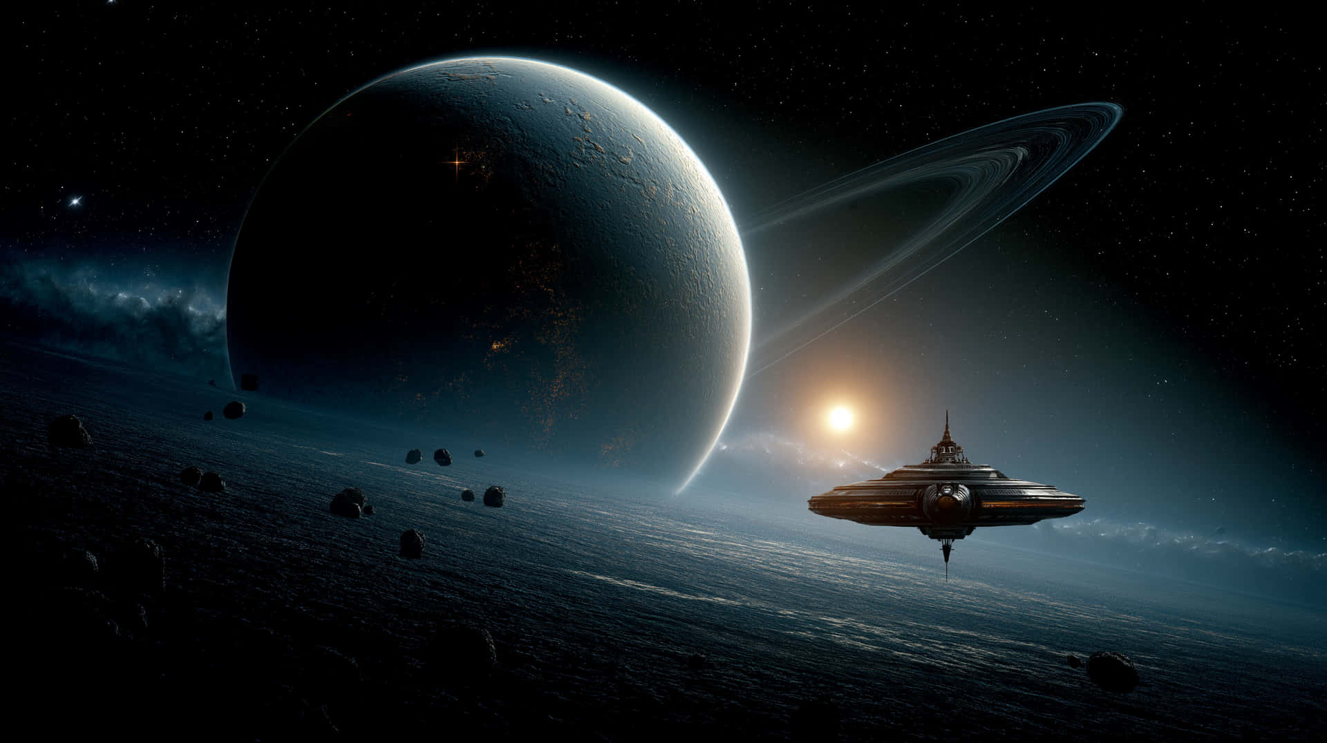 Sci-fi Spaceship Navigating Asteroids Above An Alien Planet Wallpaper