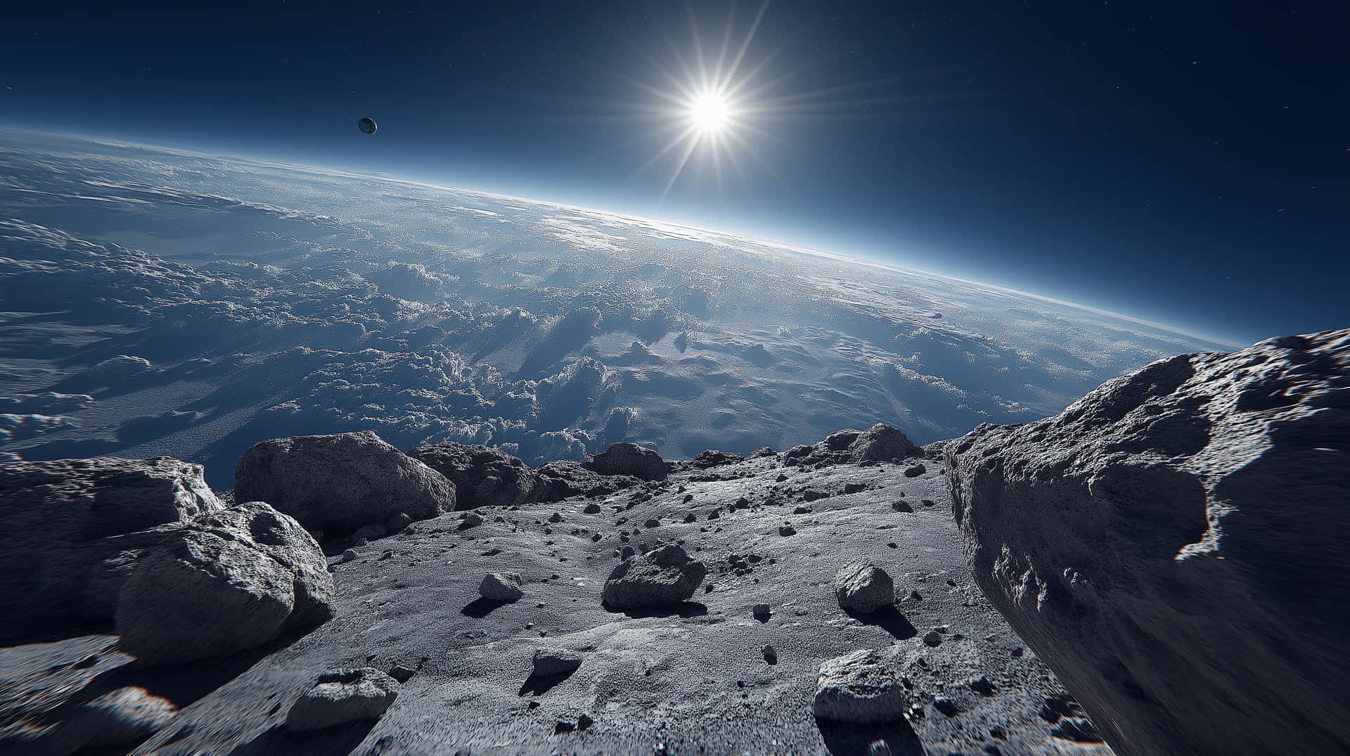 Sci-fi Spaceship Navigating Asteroids Above An Alien Planet Wallpaper