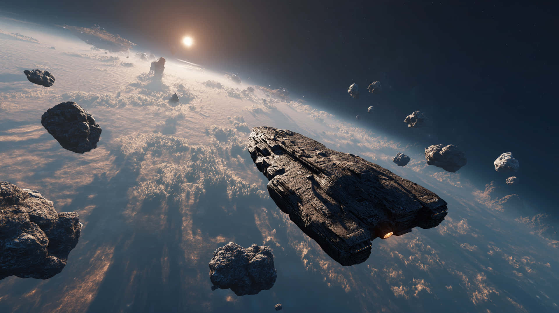 Sci-fi Spaceship Navigating Asteroids Above An Alien Planet Wallpaper