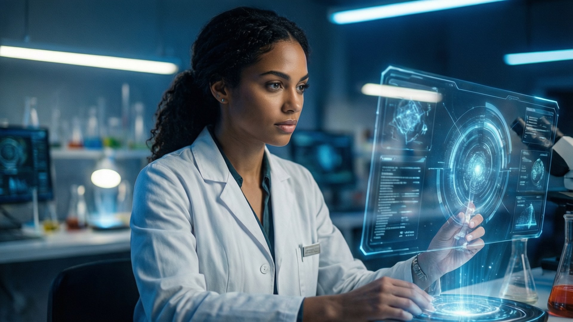 Tasya Teles sebagai ilmuwan di laboratorium futuristik dengan hologram.