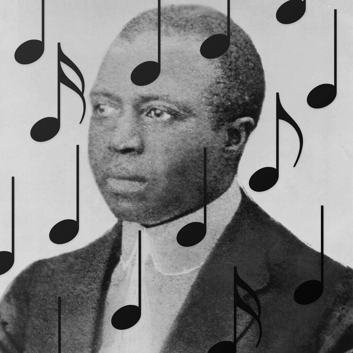 Scott Joplin With Music Symbols Black And White Wallpaper