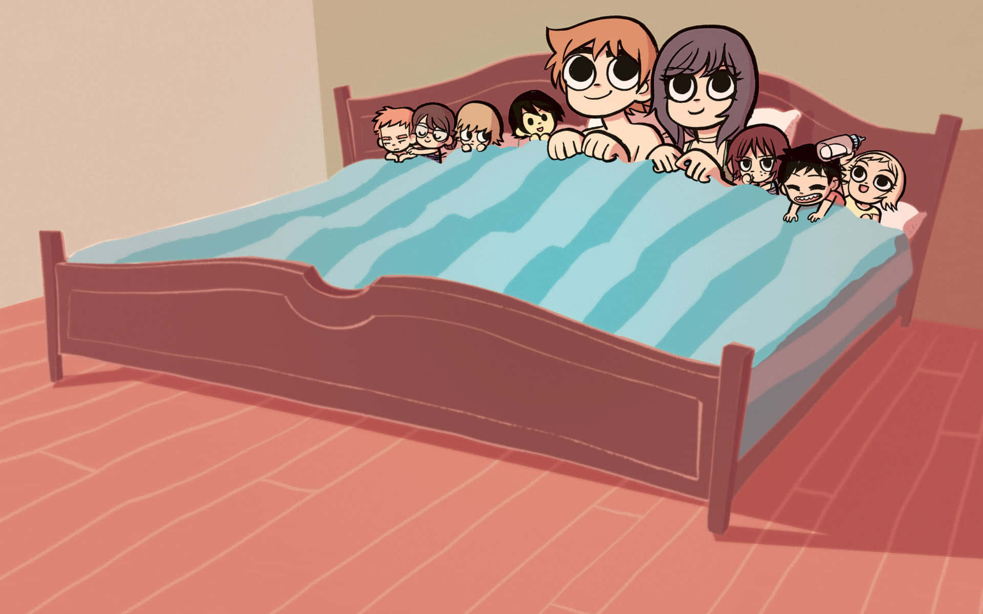 Scott Pilgrim Characters Bed Illustration