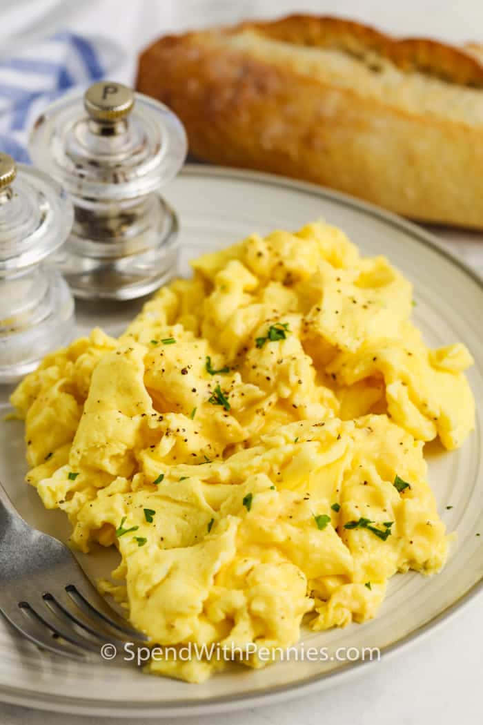 A plate of freshly cooked scrambled eggs