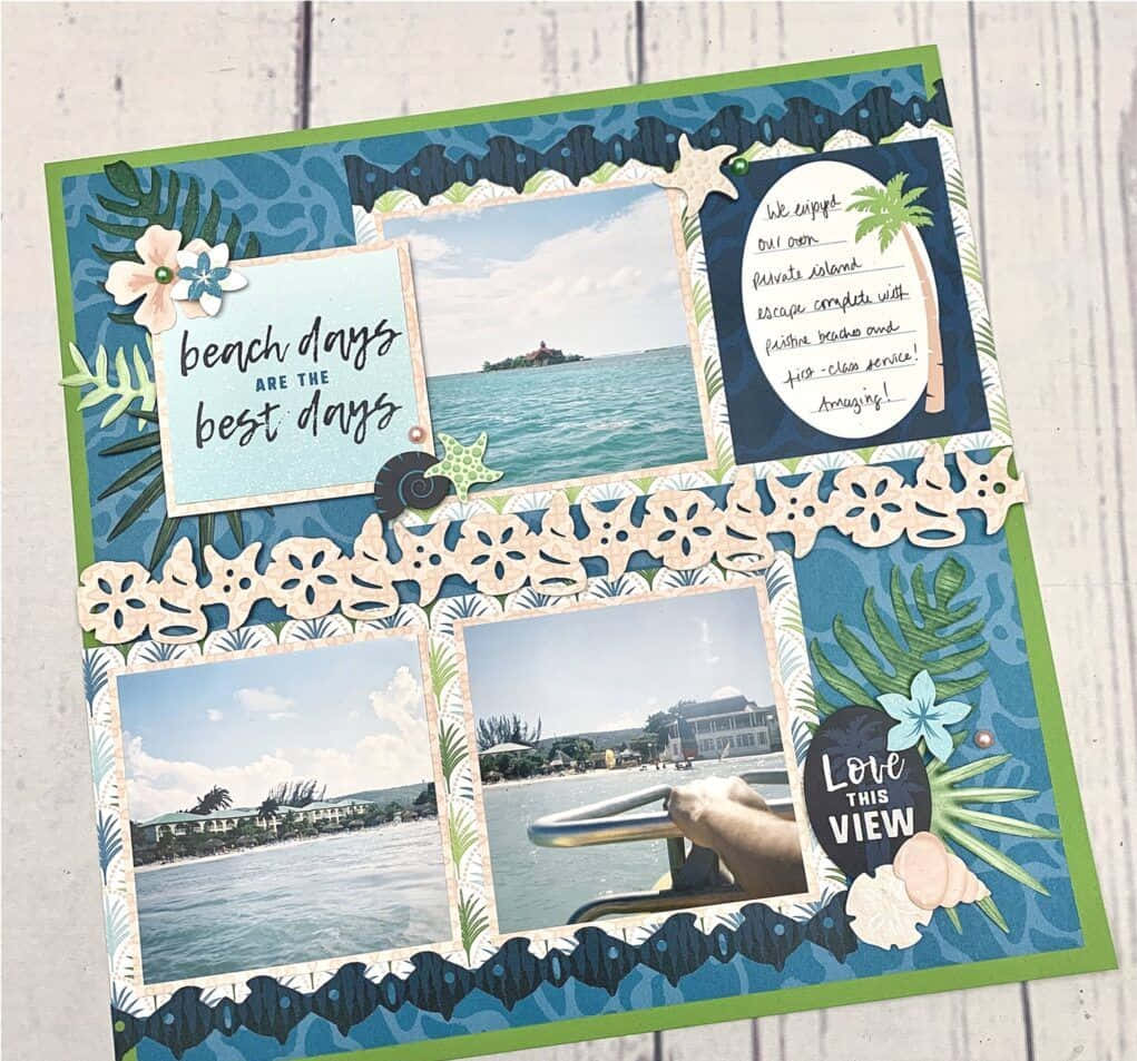 A Scrapbook Layout With Pictures Of A Beach And A Boat