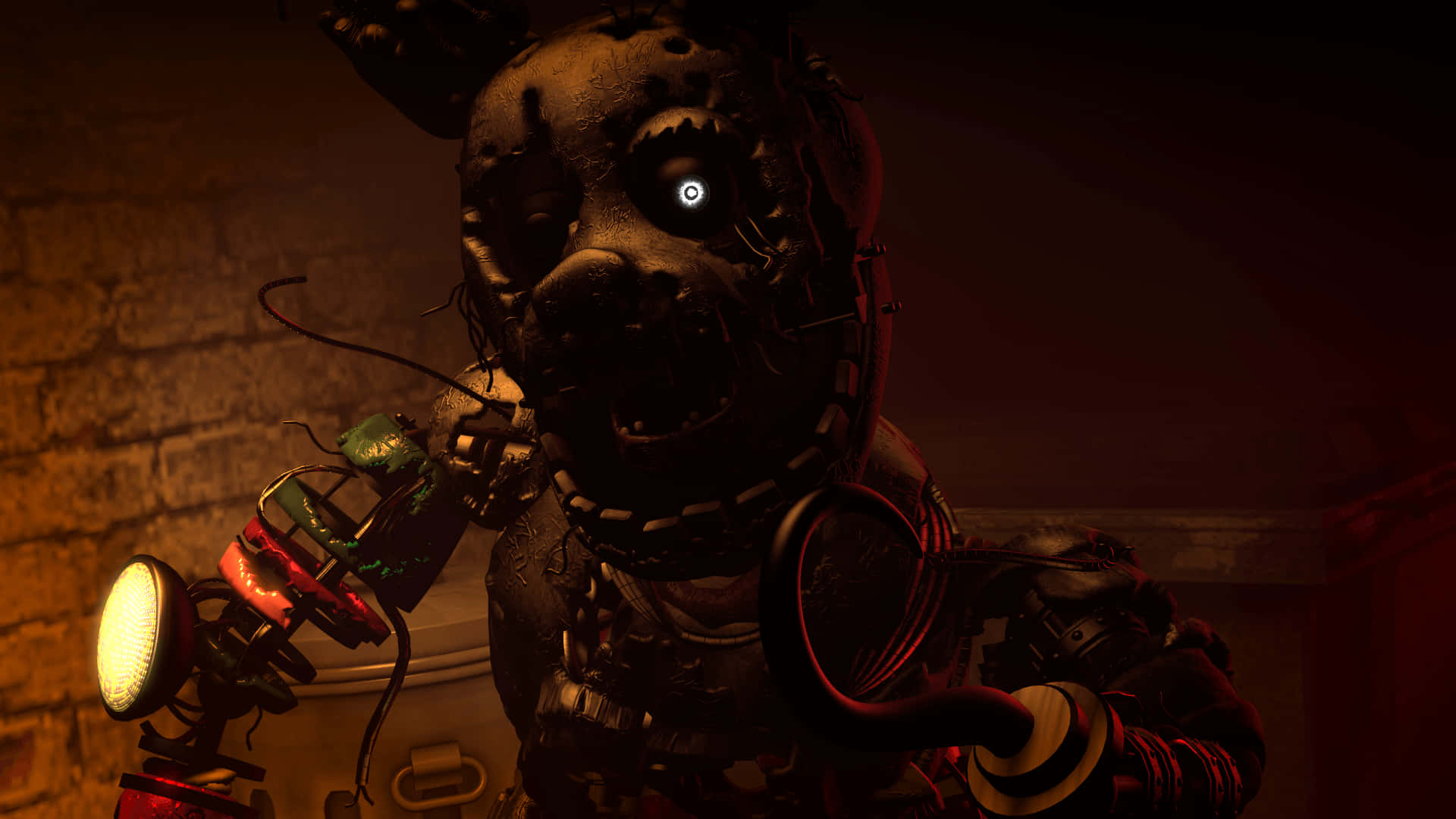 Intimidating Scraptrap on a Grungy Background Wallpaper