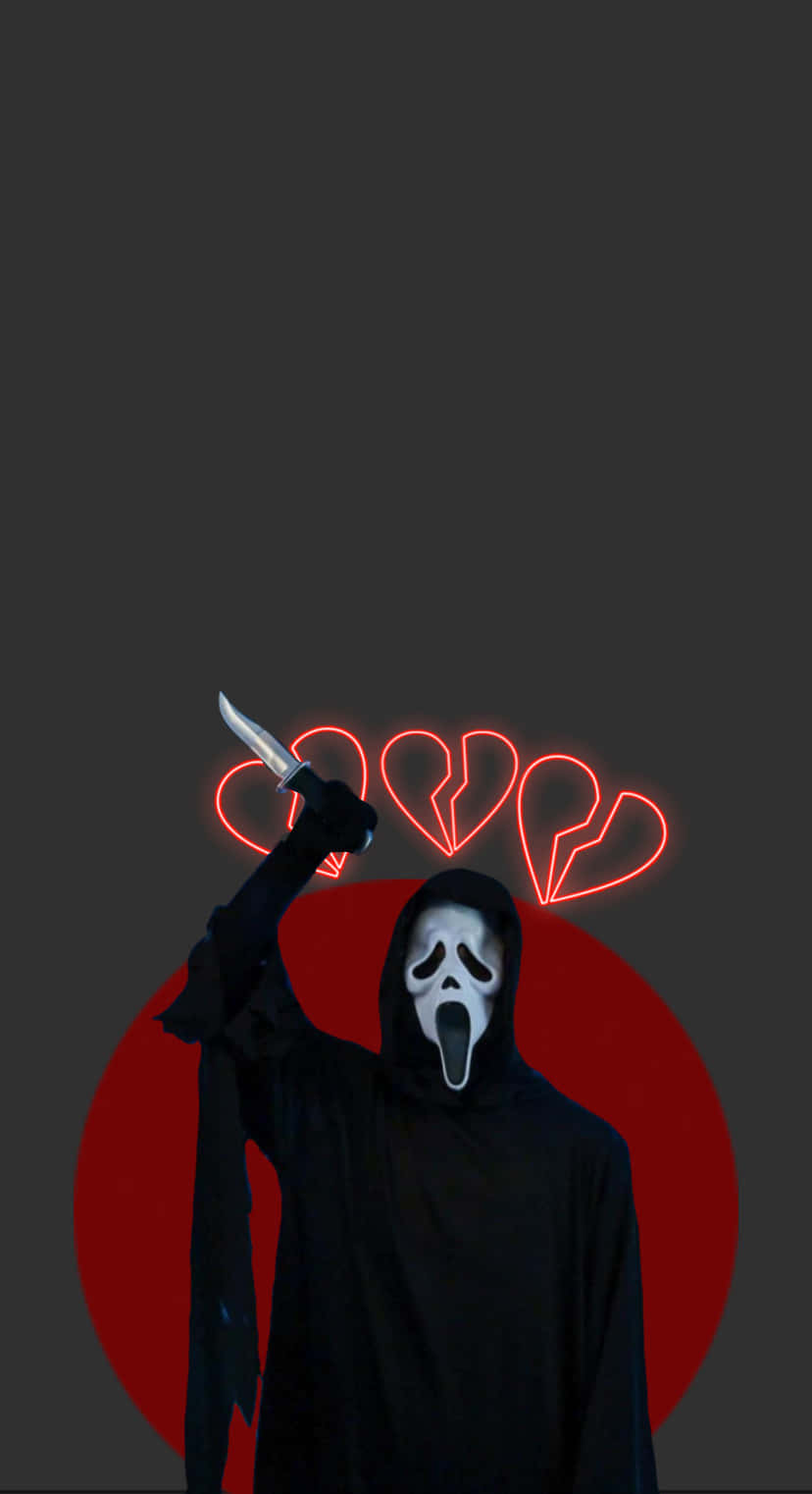 Scream Mask Figure Neon Hearts Background Wallpaper