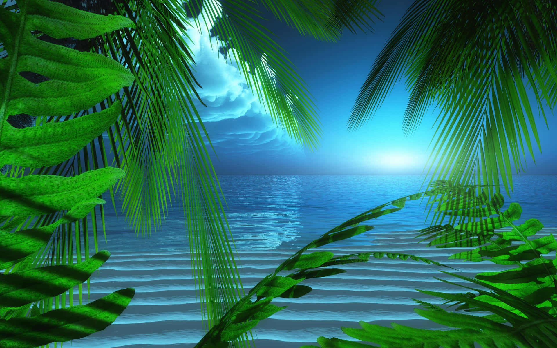 A Tropical Beach Scene With Palm Trees And Water